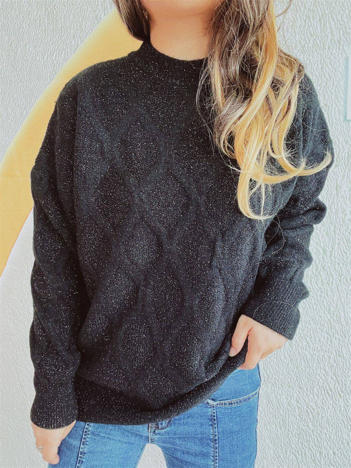 Diamond Round Neck Long Sleeve Sweater - Carri's Cache