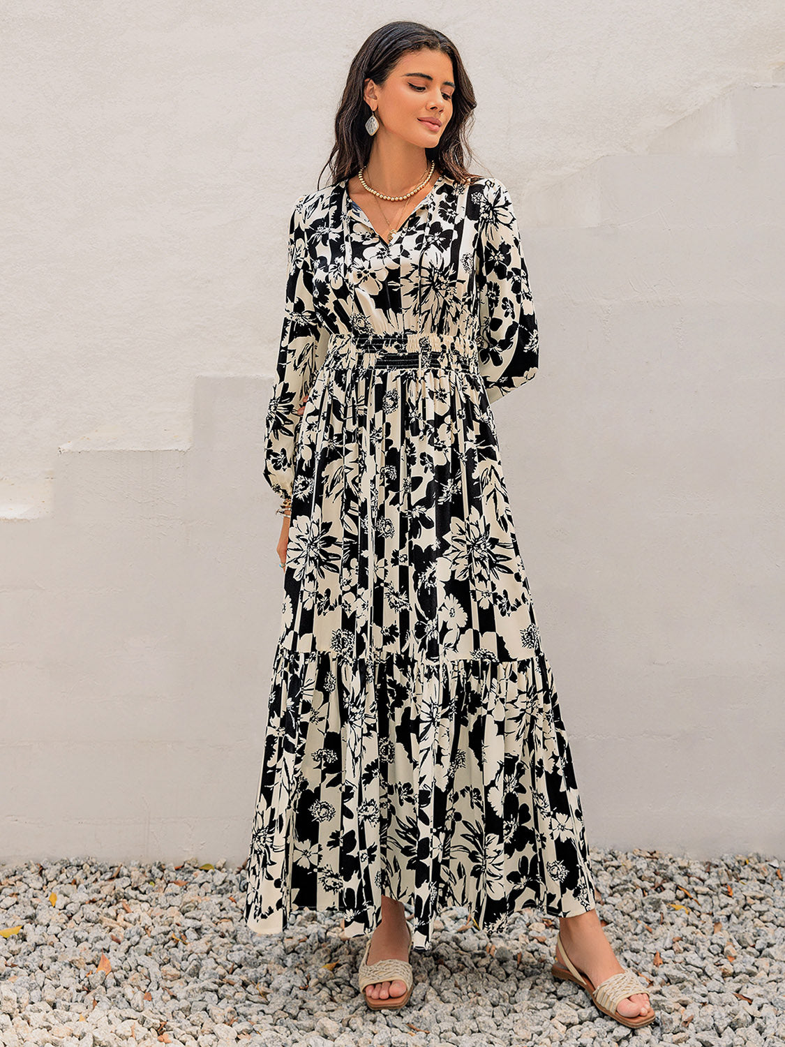 Smocked Printed Tie Neck Long Sleeve Dress - Carri's Cache
