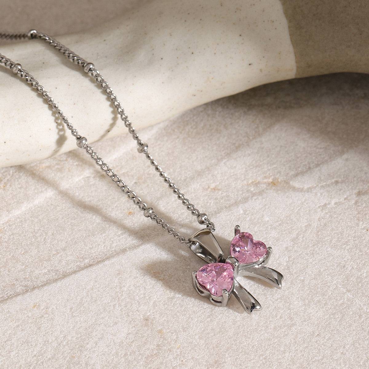 Stainless Steel Inlaid Zircon Bow Necklace - Carri's Cache