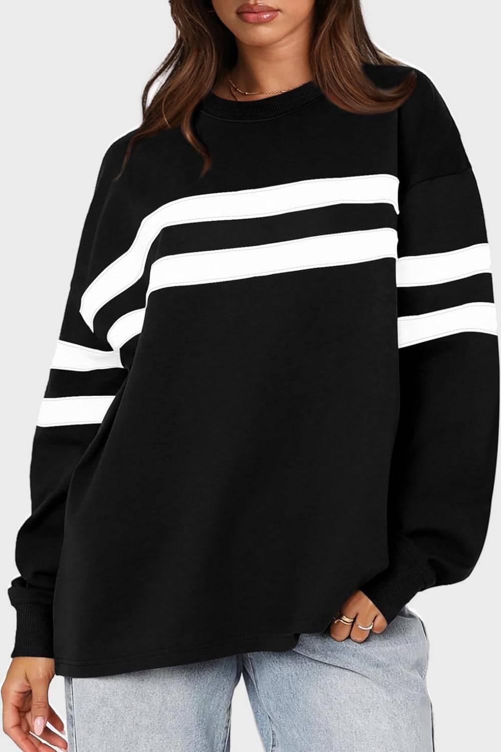 Lovelet Striped Round Neck Dropped Shoulder Sweatshirt - Carri's Cache
