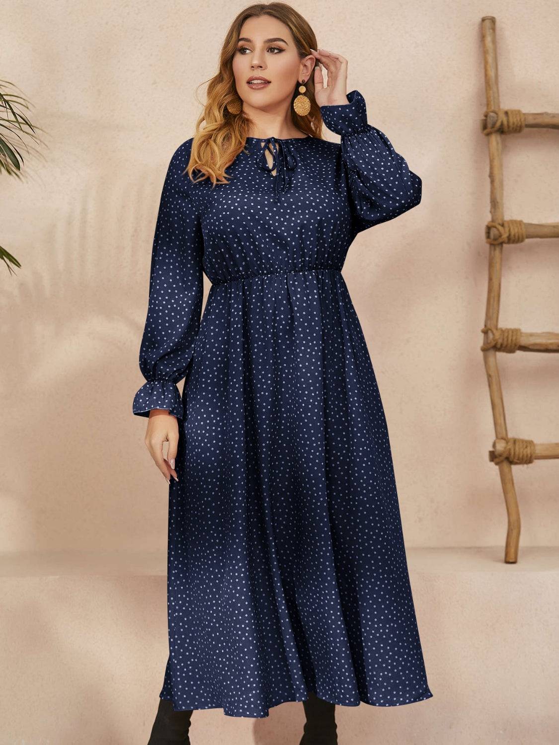Honey Plus Size Ruffled Polka Dot Long Sleeve Midi Dress - Carri's Cache