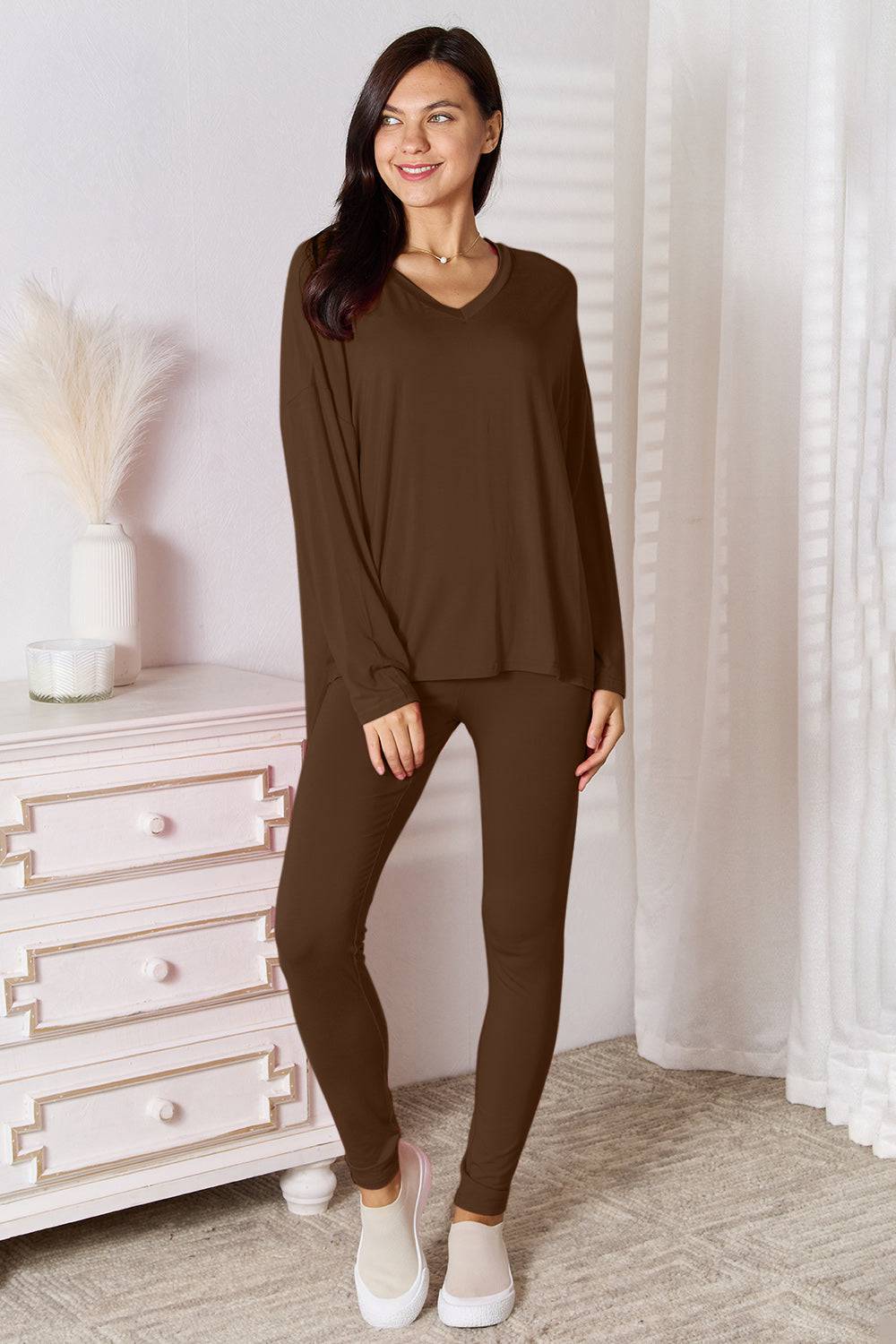 Basic Bae Full Size V-Neck Soft Rayon Long Sleeve Top and Pants Lounge Set - Carri's Cache