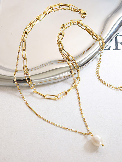 Freshwater Pearl Titanium Steel Double-Layered Necklace - Carri's Cache