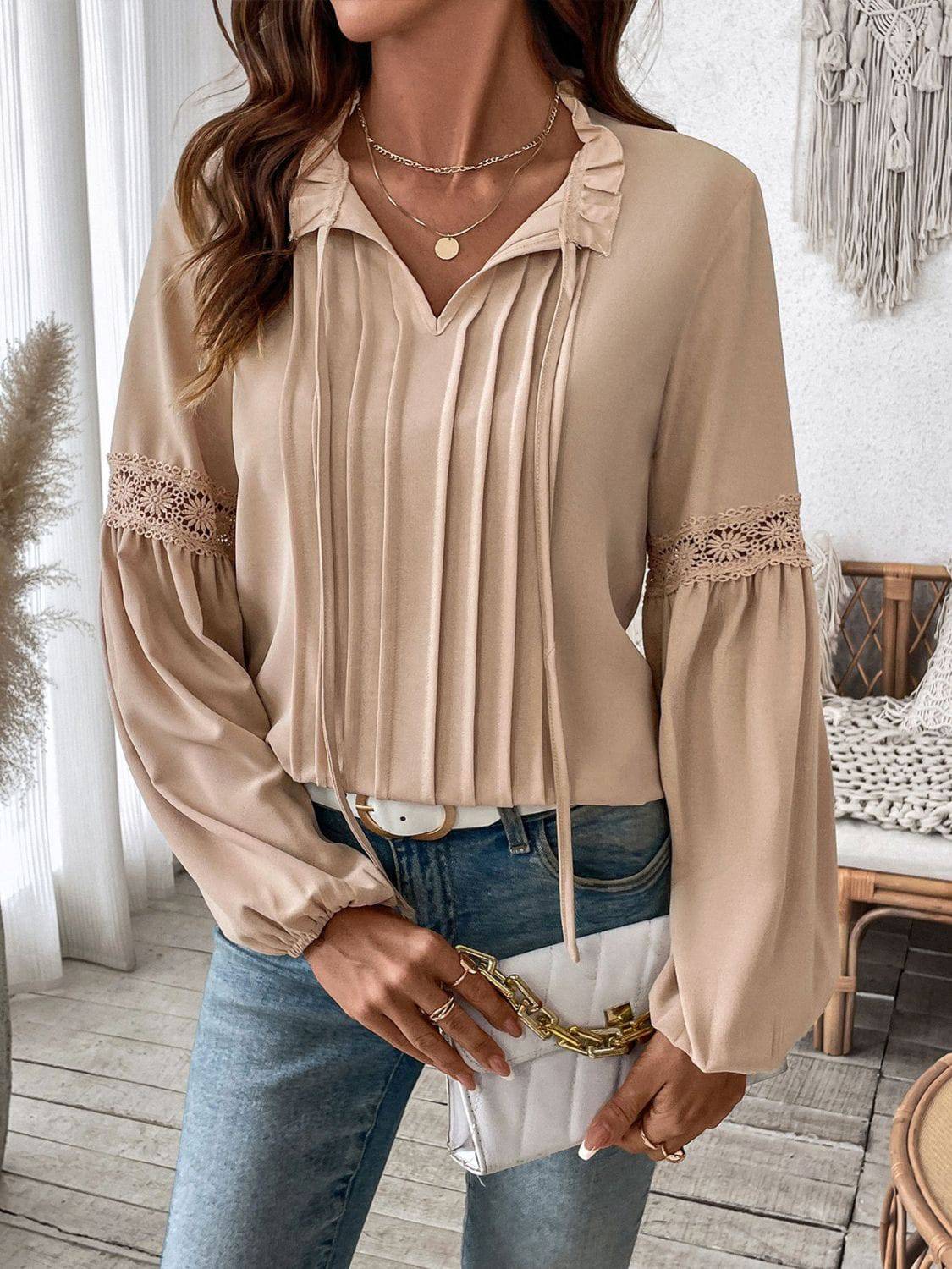 Perfee Frill Tie Neck Long Sleeve Blouse - Carri's Cache