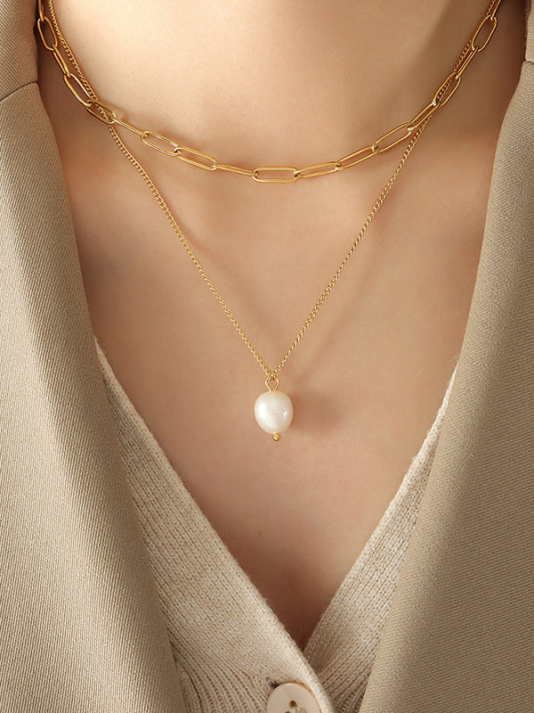 Freshwater Pearl Titanium Steel Double-Layered Necklace - Carri's Cache
