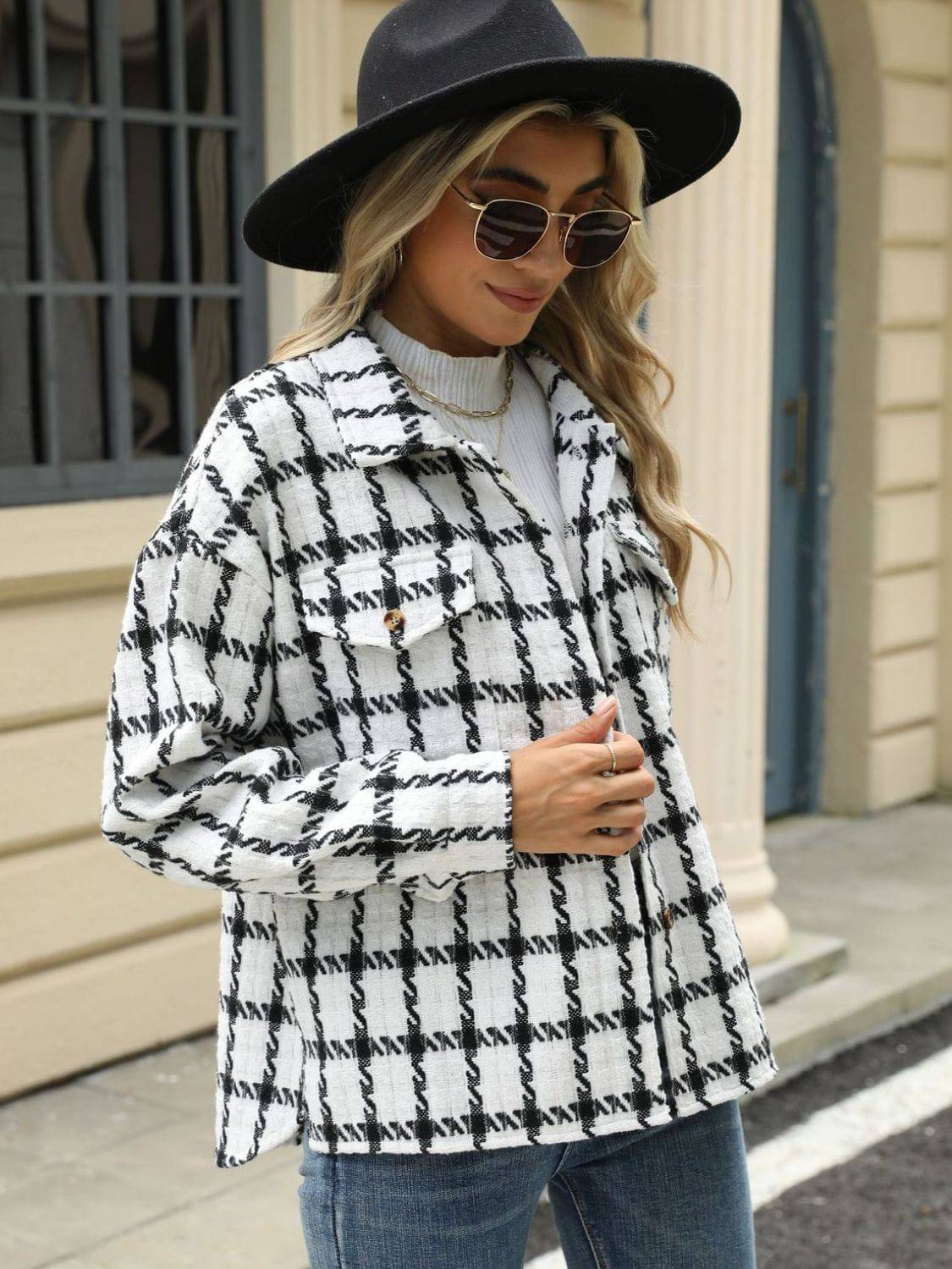 Plaid Collared Neck Long Sleeve Jacket - Carri's Cache