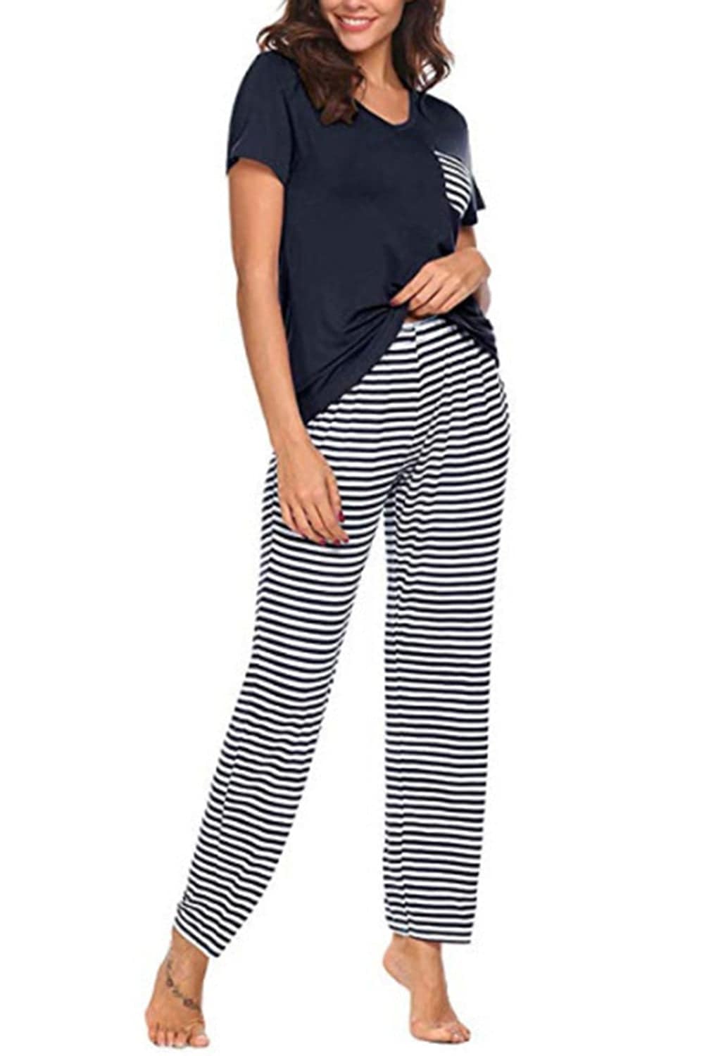 Pocketed Short Sleeve Top and Striped Pants Lounge Set - Carri's Cache