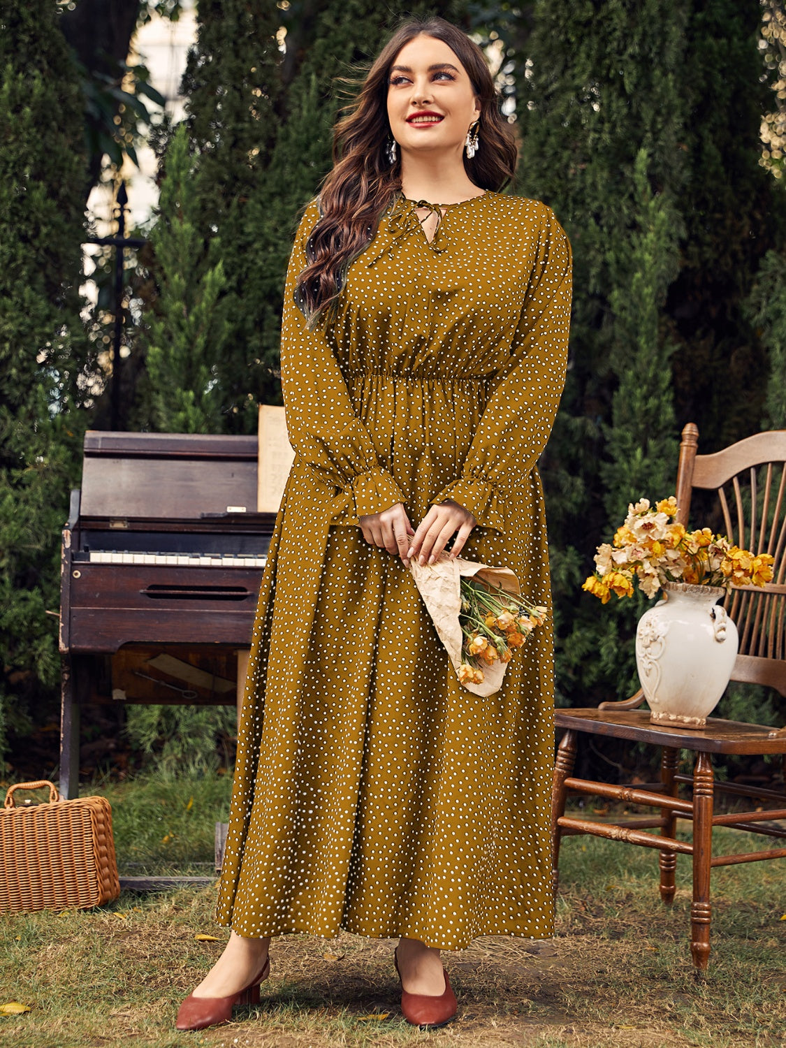 Honey Plus Size Ruffled Polka Dot Long Sleeve Midi Dress - Carri's Cache