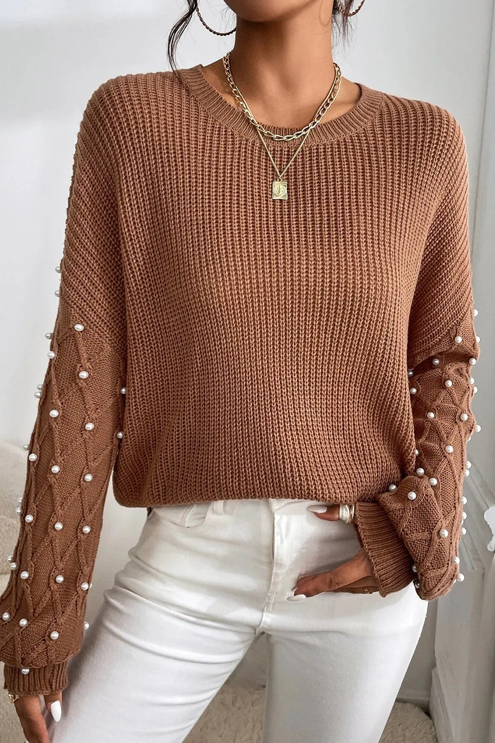 Pearl Detail Round Neck Long Sleeve Sweater - Carri's Cache