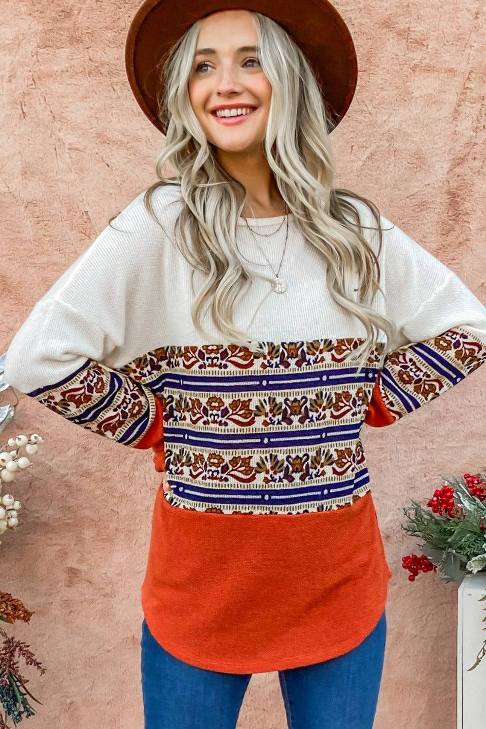 And The Why Ethnic Print Color Block Top - Carri's Cache