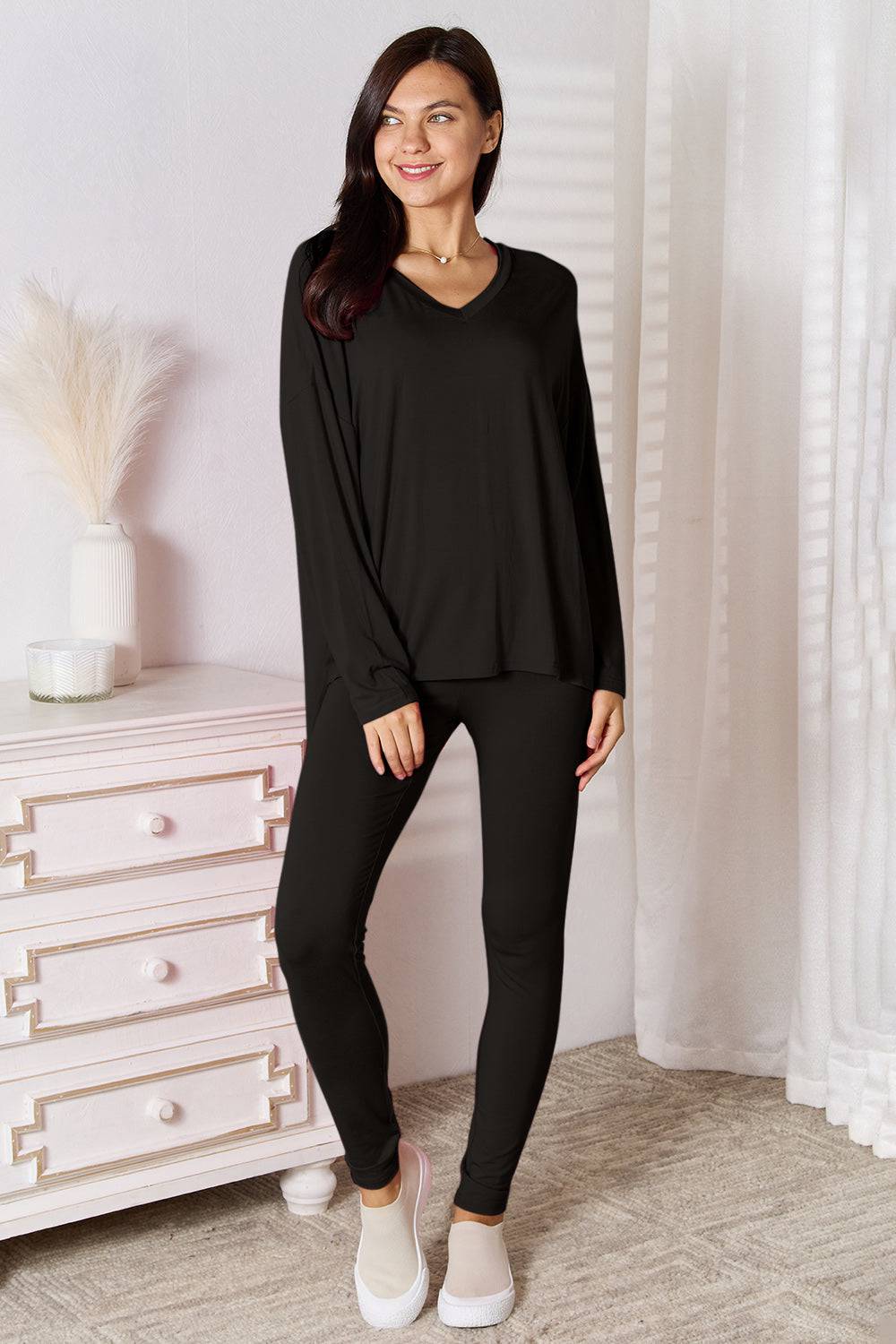 Basic Bae Full Size V-Neck Soft Rayon Long Sleeve Top and Pants Lounge Set - Carri's Cache