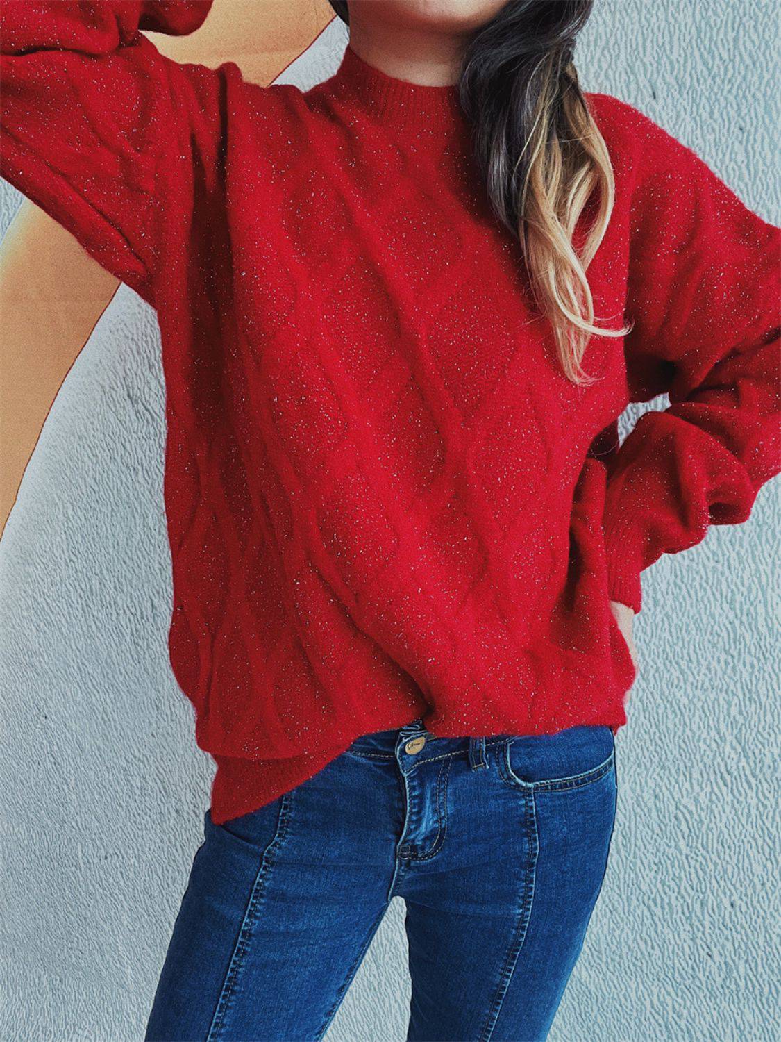 Diamond Round Neck Long Sleeve Sweater - Carri's Cache