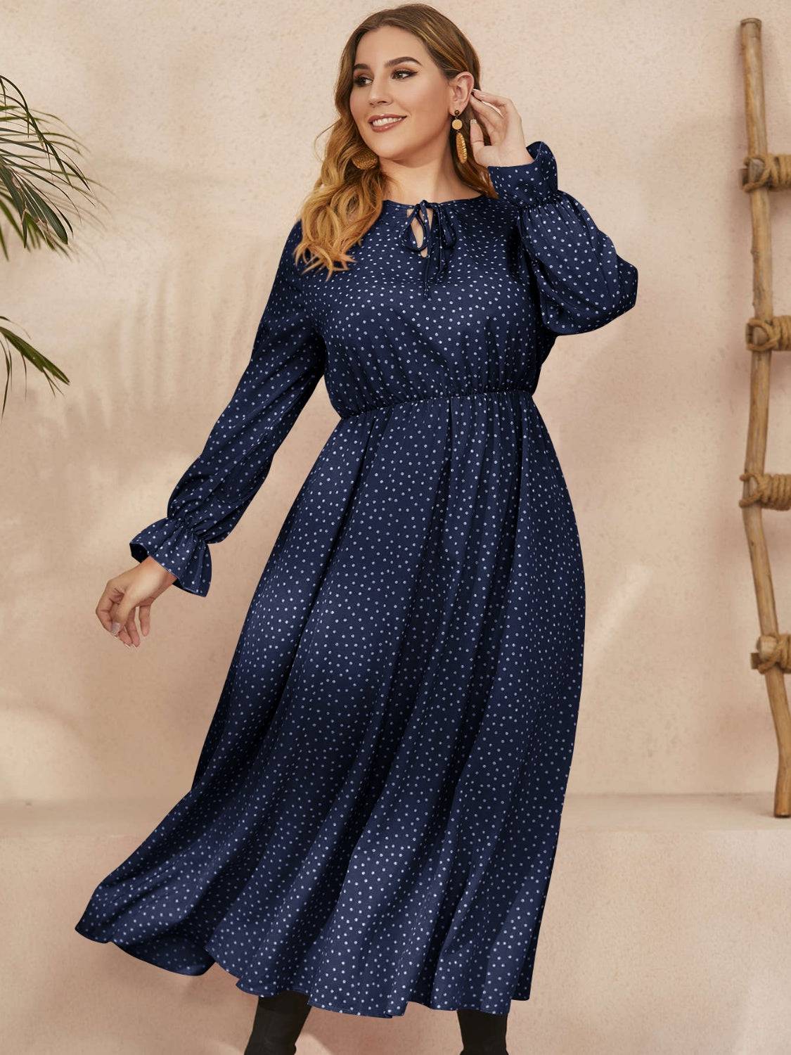 Honey Plus Size Ruffled Polka Dot Long Sleeve Midi Dress - Carri's Cache