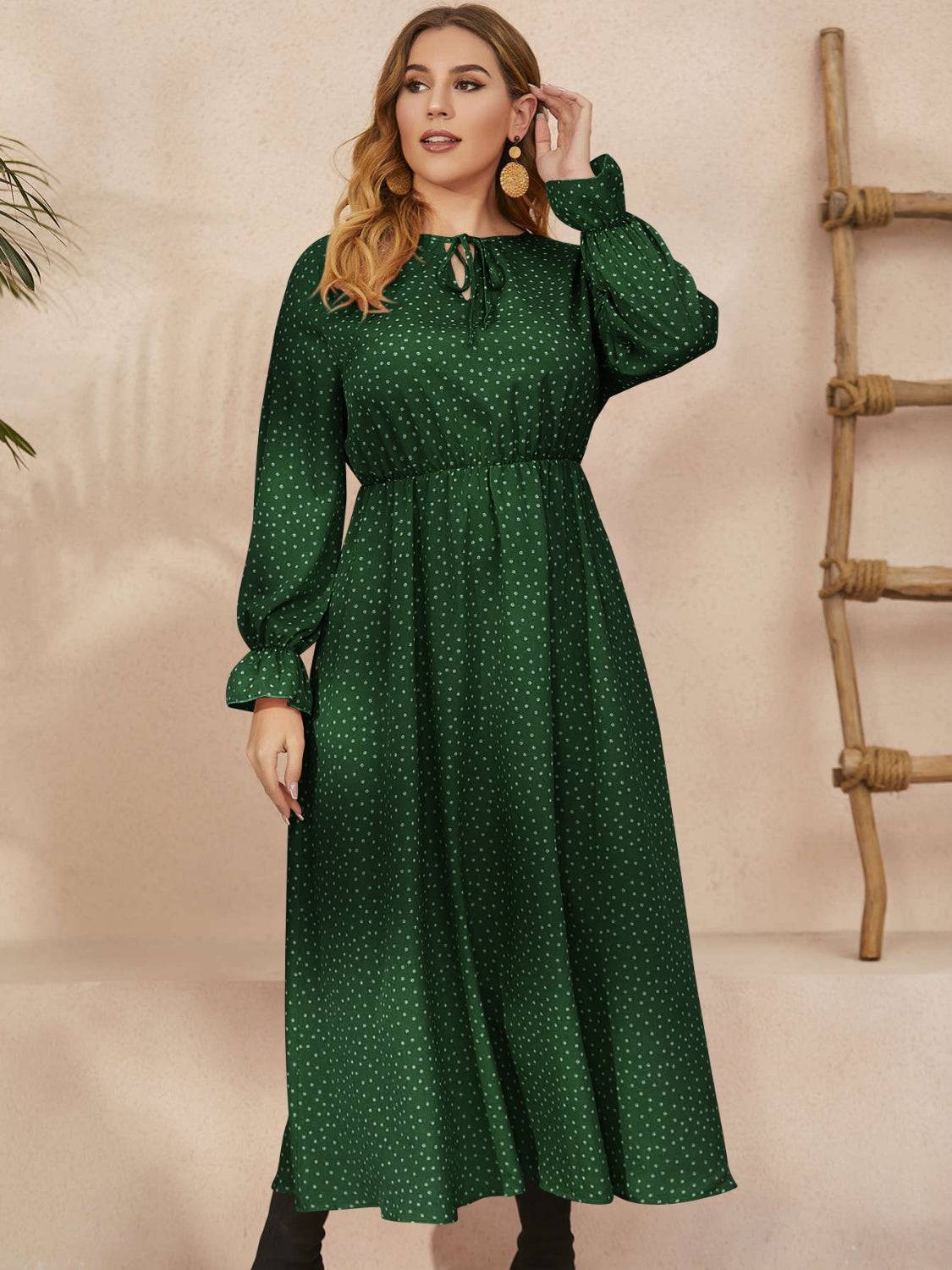 Honey Plus Size Ruffled Polka Dot Long Sleeve Midi Dress - Carri's Cache