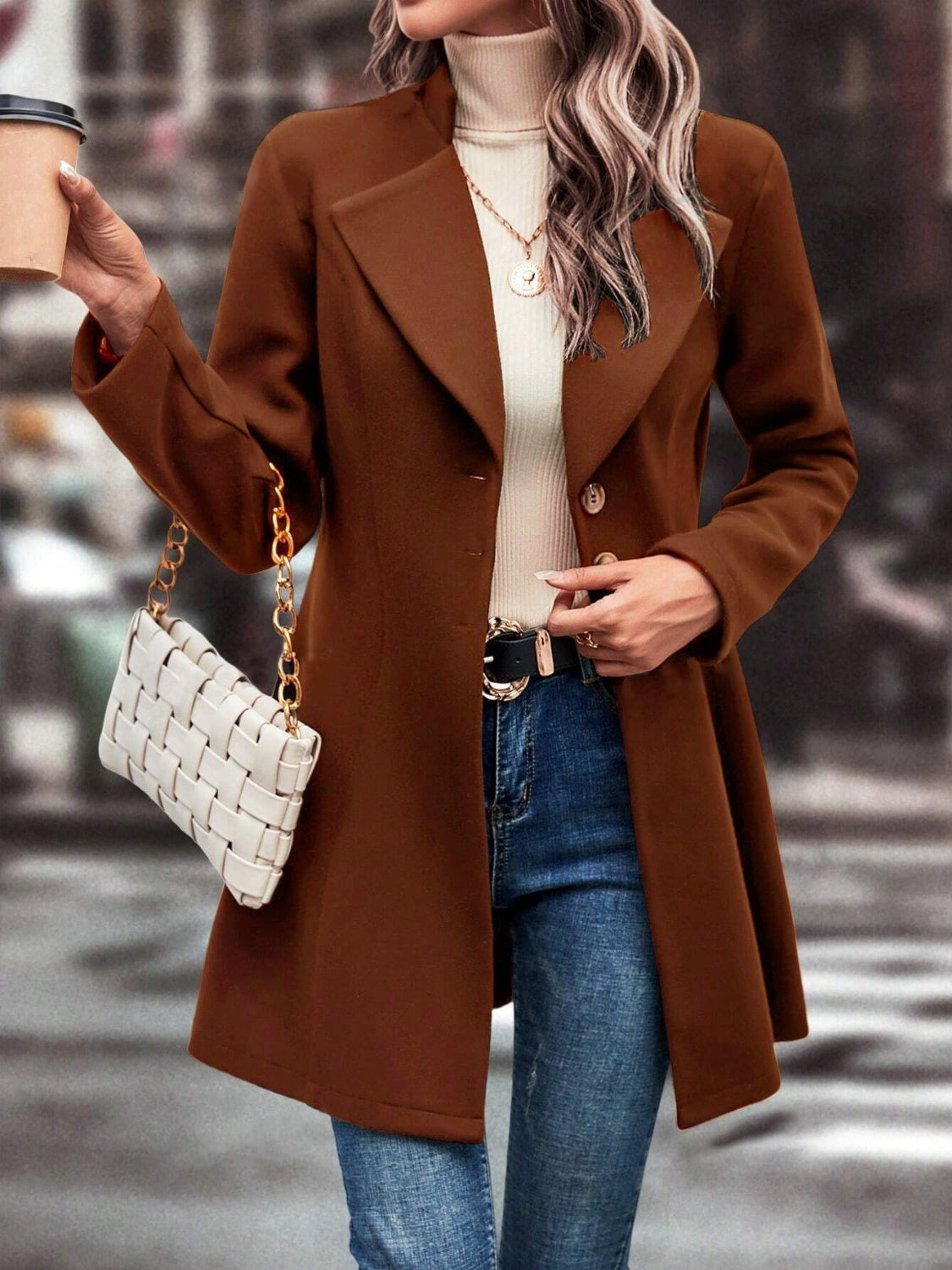 Collared Neck Long Sleeve Longline Coat - Carri's Cache
