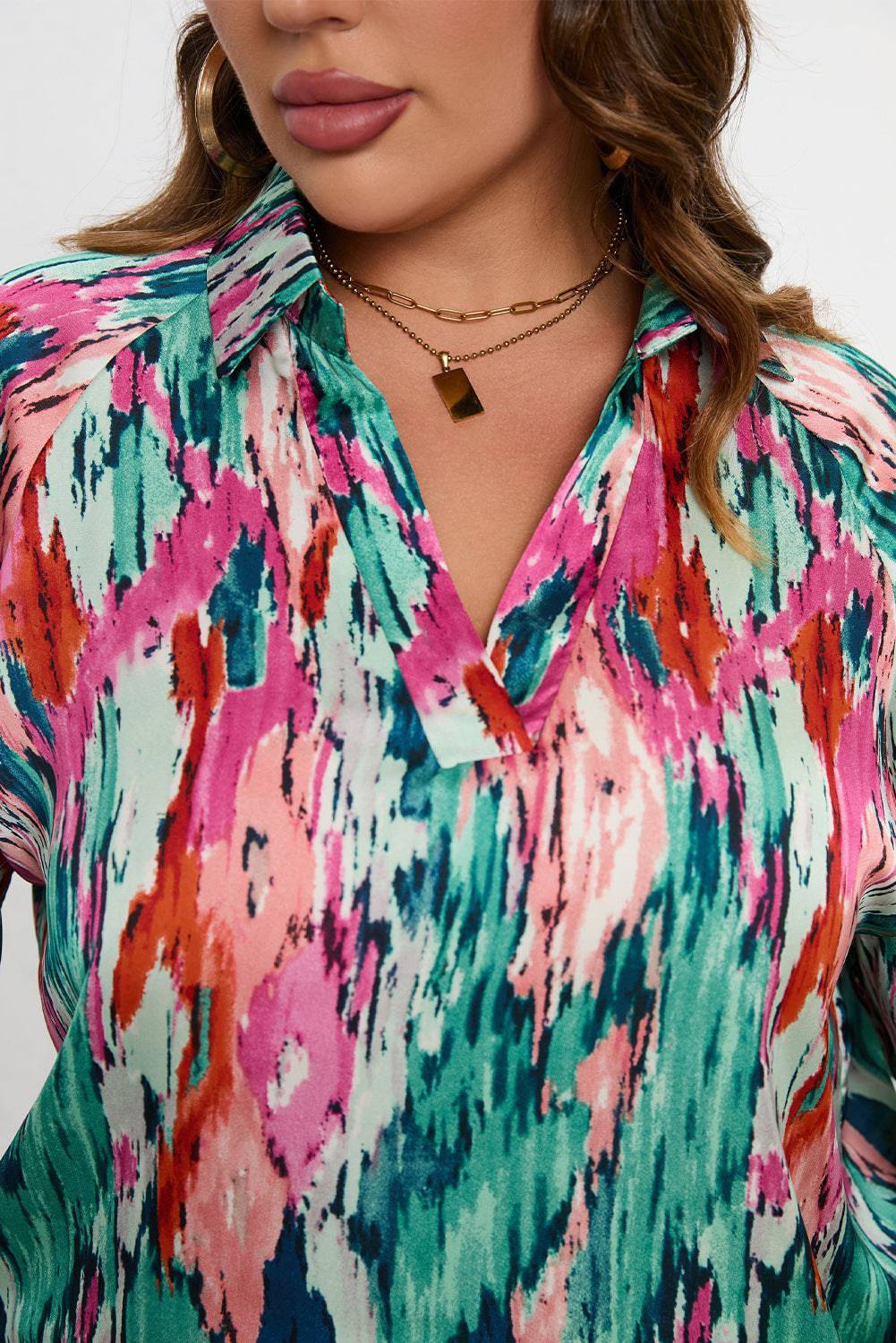 Plus Size Printed Johnny Collar Long Sleeve Blouse - Carri's Cache