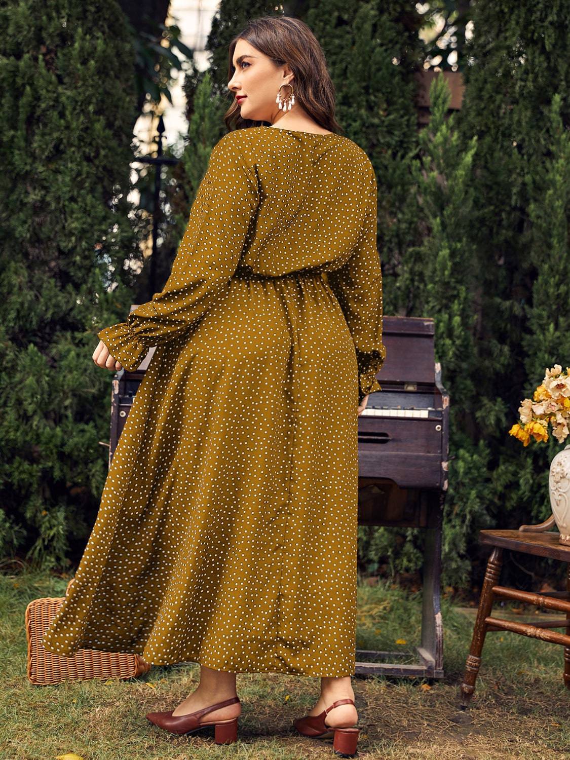 Honey Plus Size Ruffled Polka Dot Long Sleeve Midi Dress - Carri's Cache