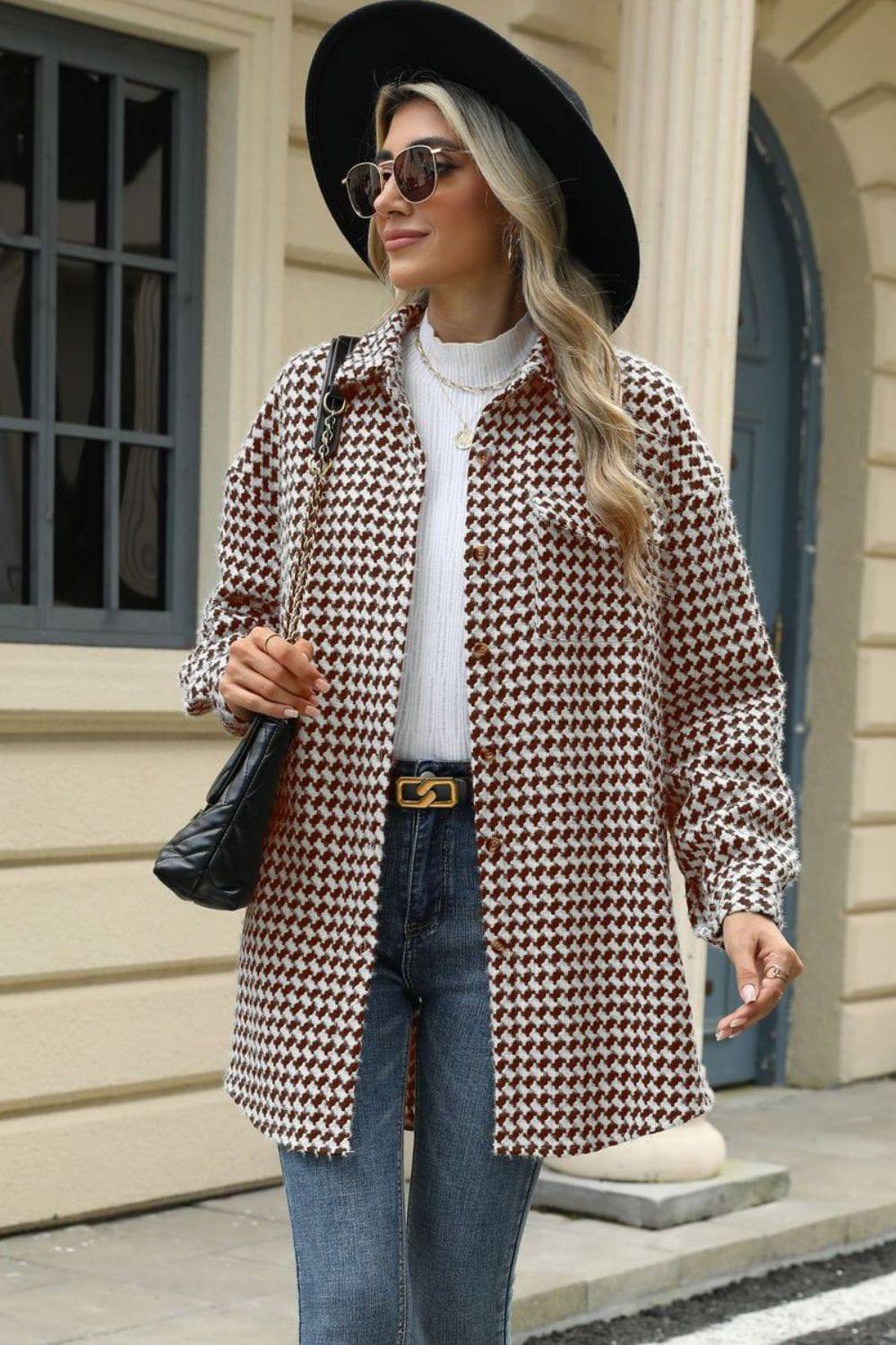 Houndstooth Button Up Dropped Shoulder Coat - Carri's Cache