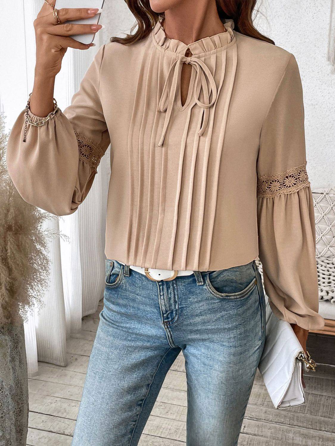 Perfee Frill Tie Neck Long Sleeve Blouse - Carri's Cache