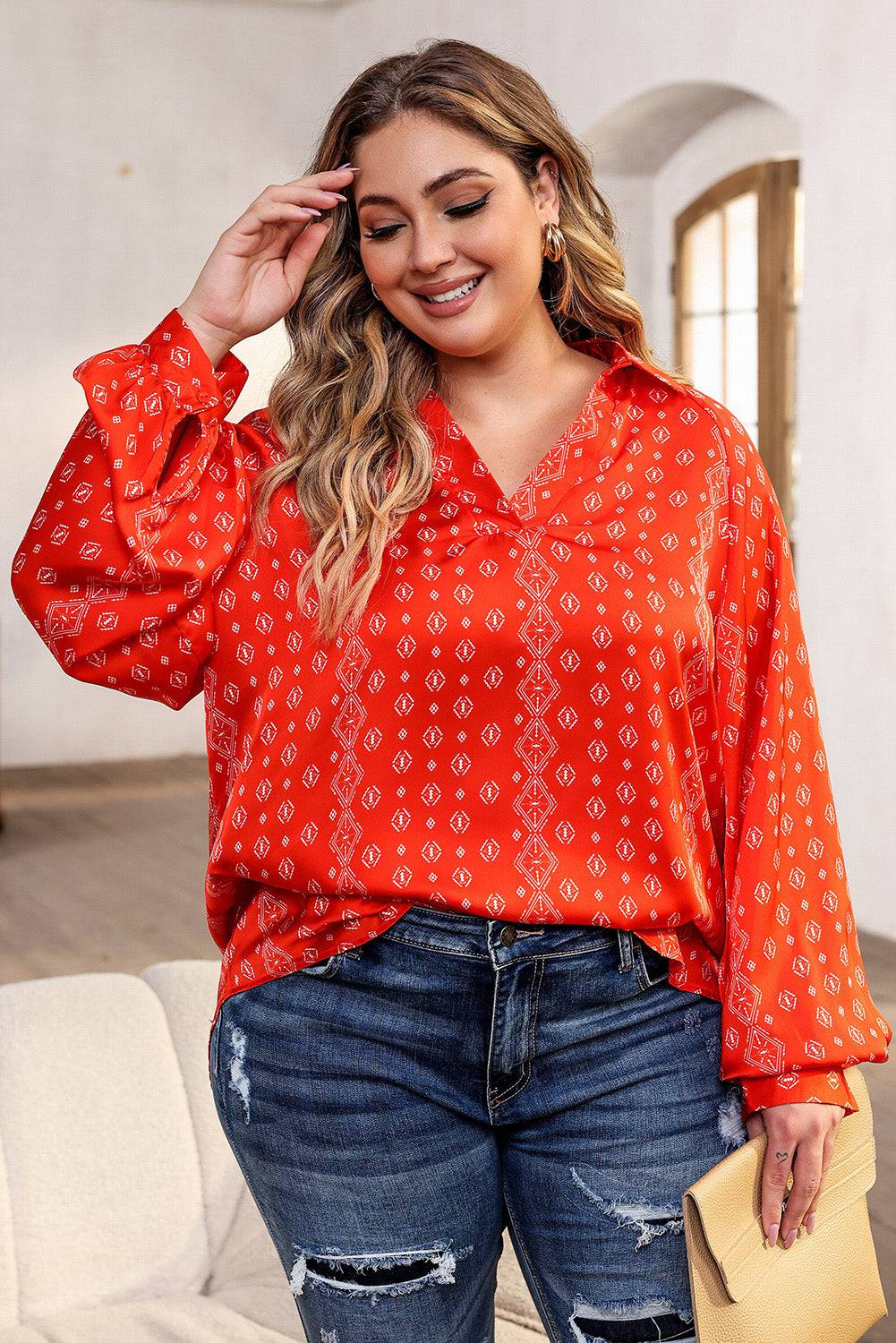 Plus Size Printed Johnny Collar Long Sleeve Blouse - Carri's Cache
