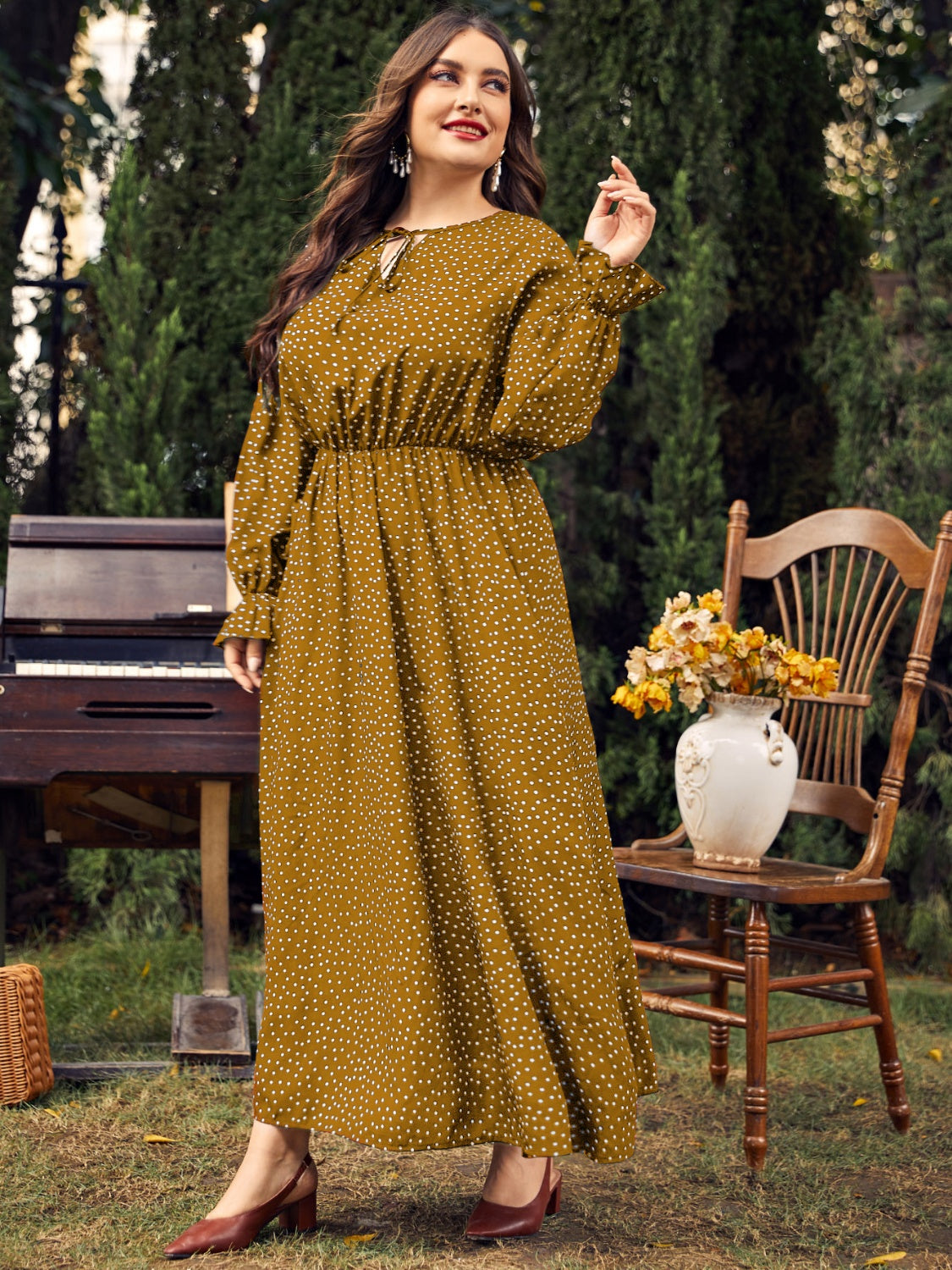 Honey Plus Size Ruffled Polka Dot Long Sleeve Midi Dress - Carri's Cache