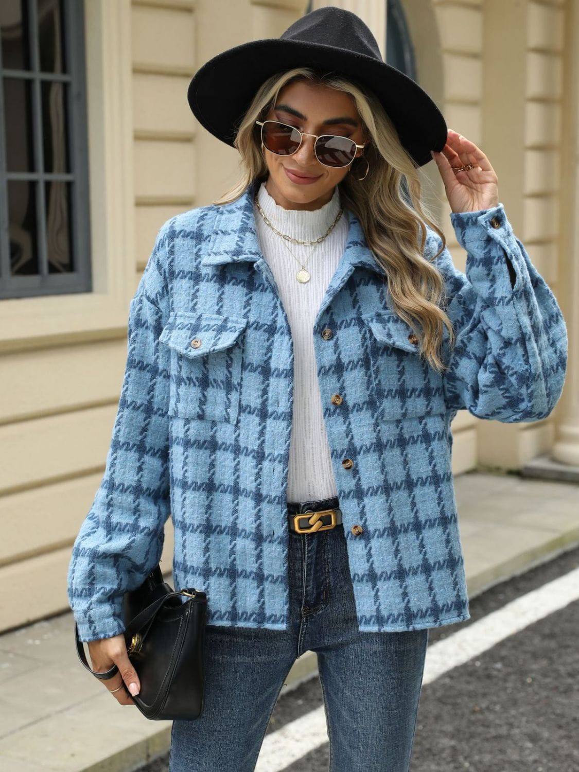 Plaid Collared Neck Long Sleeve Jacket - Carri's Cache