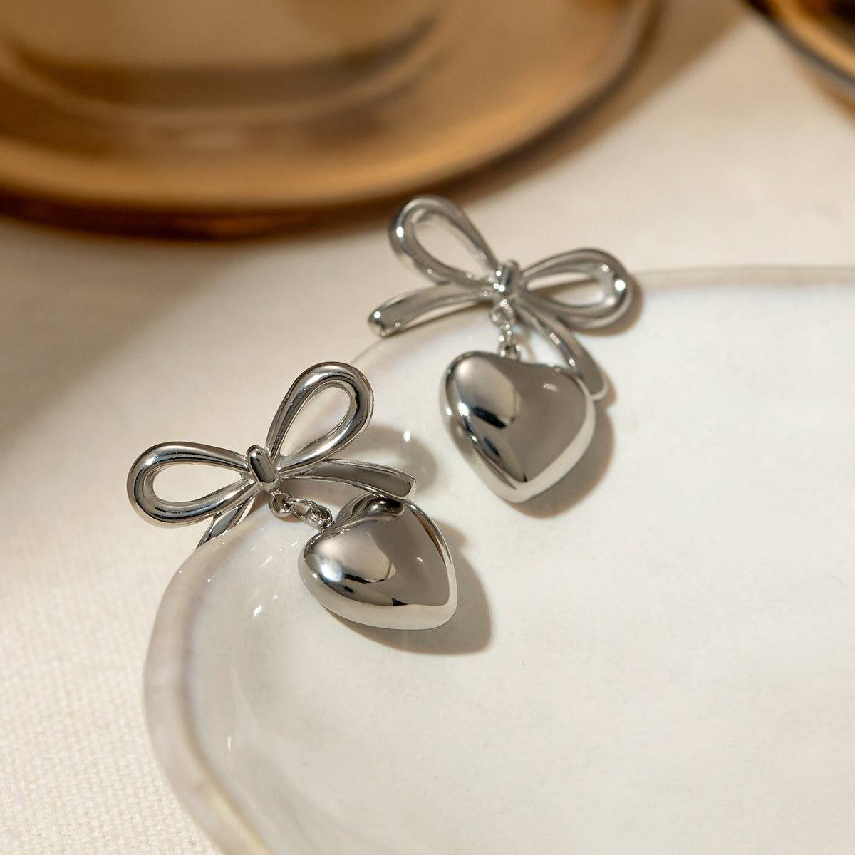 Stainless Steel Bow & Heart Drop Earrings - Carri's Cache