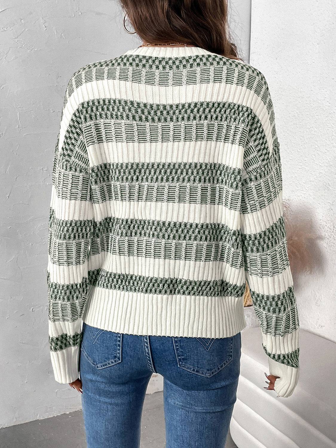 Perfee Contrast Round Neck Long Sleeve Sweater - Carri's Cache