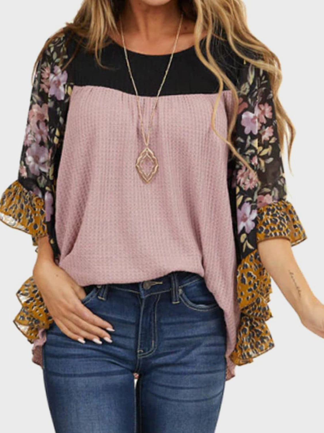 Full Size Printed Round Neck Three-Quarter Sleeve Blouse - Carri's Cache