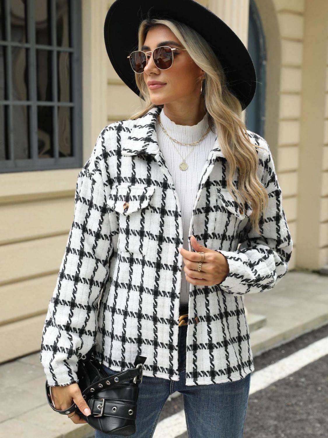 Plaid Collared Neck Long Sleeve Jacket - Carri's Cache