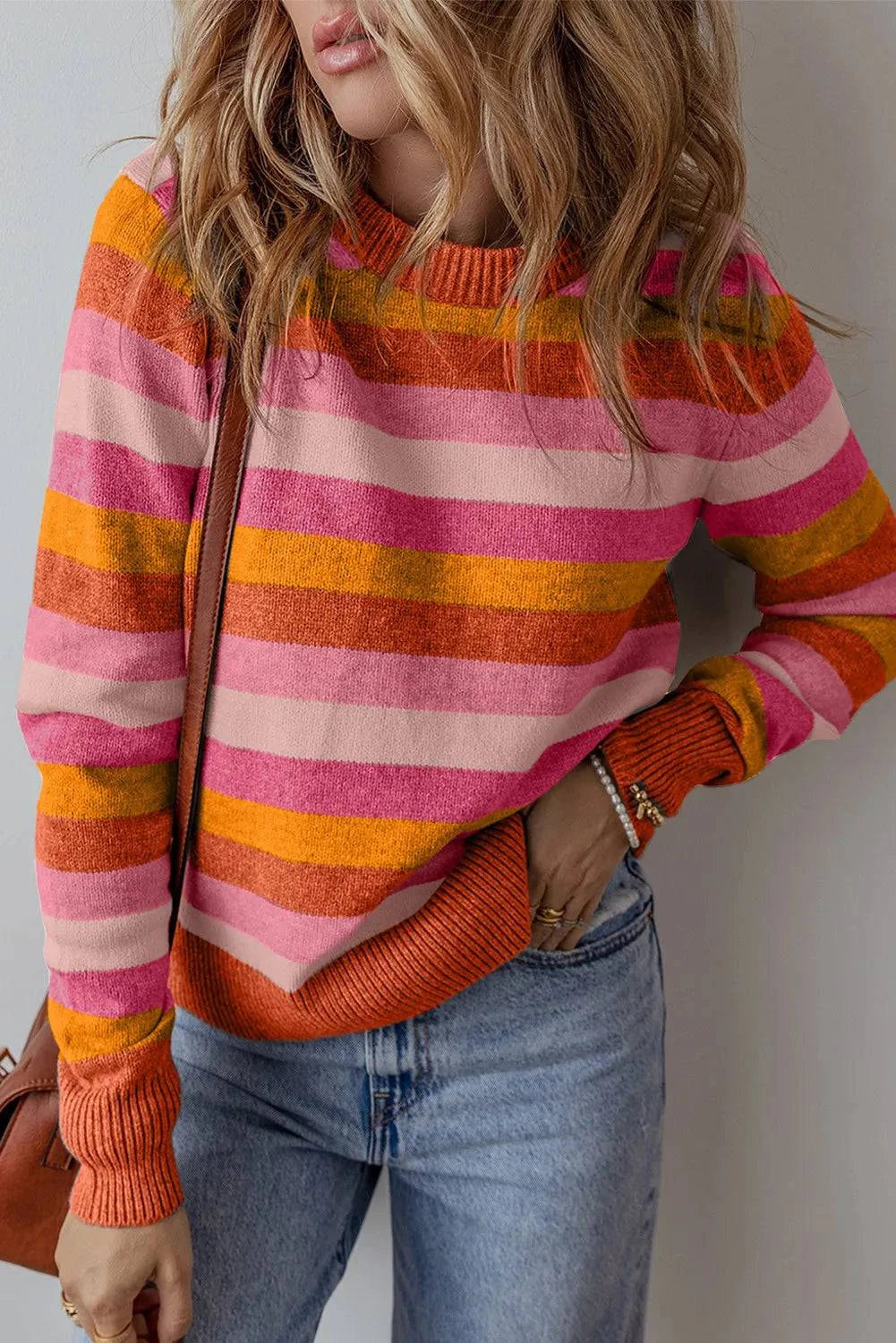 Striped Round Neck Long Sleeve Sweater - Carri's Cache