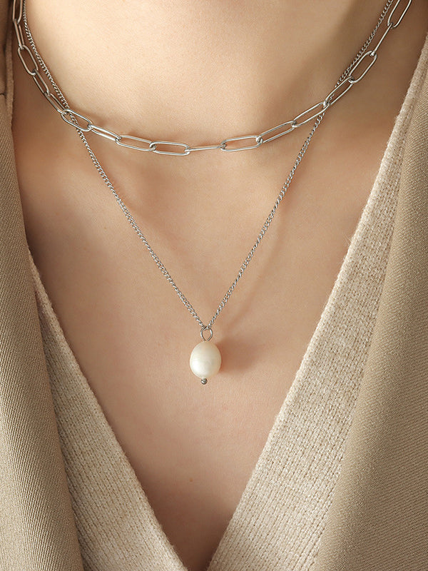 Freshwater Pearl Titanium Steel Double-Layered Necklace - Carri's Cache