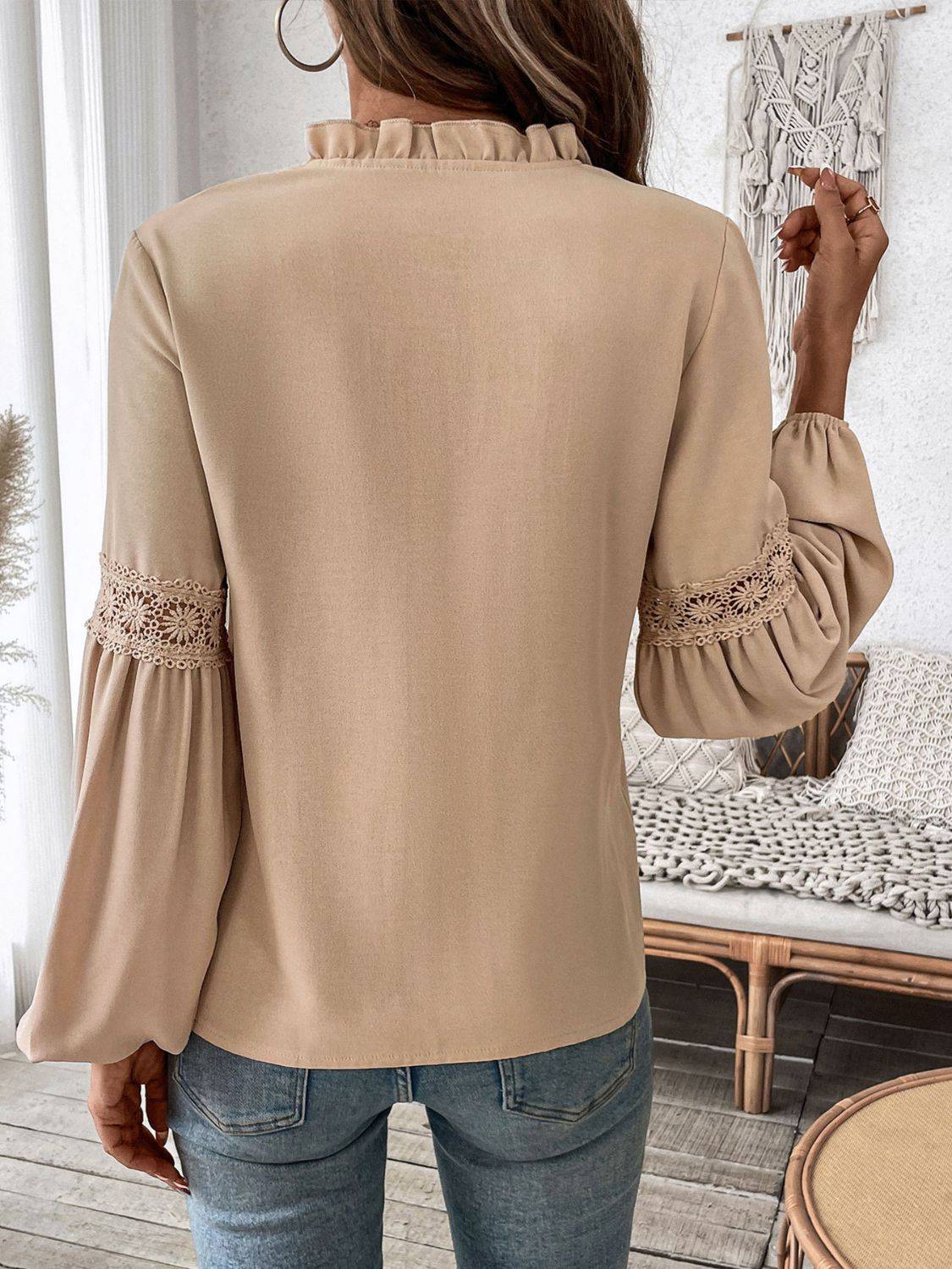 Perfee Frill Tie Neck Long Sleeve Blouse - Carri's Cache