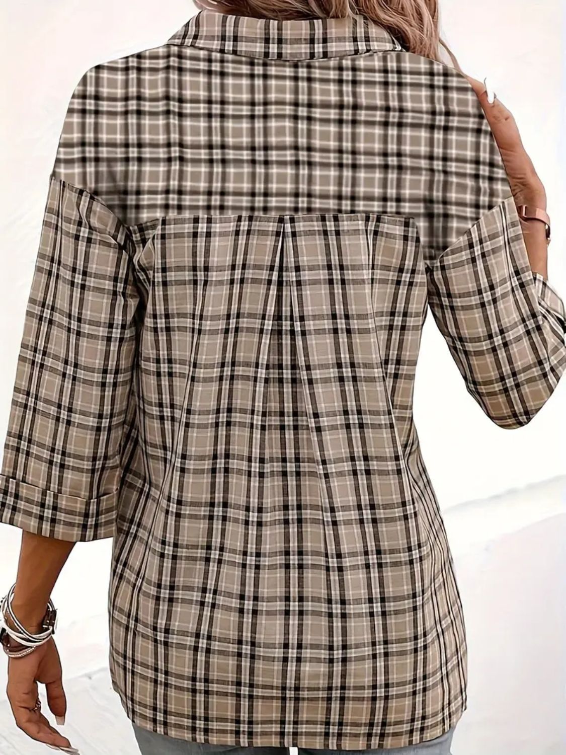 Plaid Johhny Collar Three-Quarter Sleeve T-Shirt - Carri's Cache