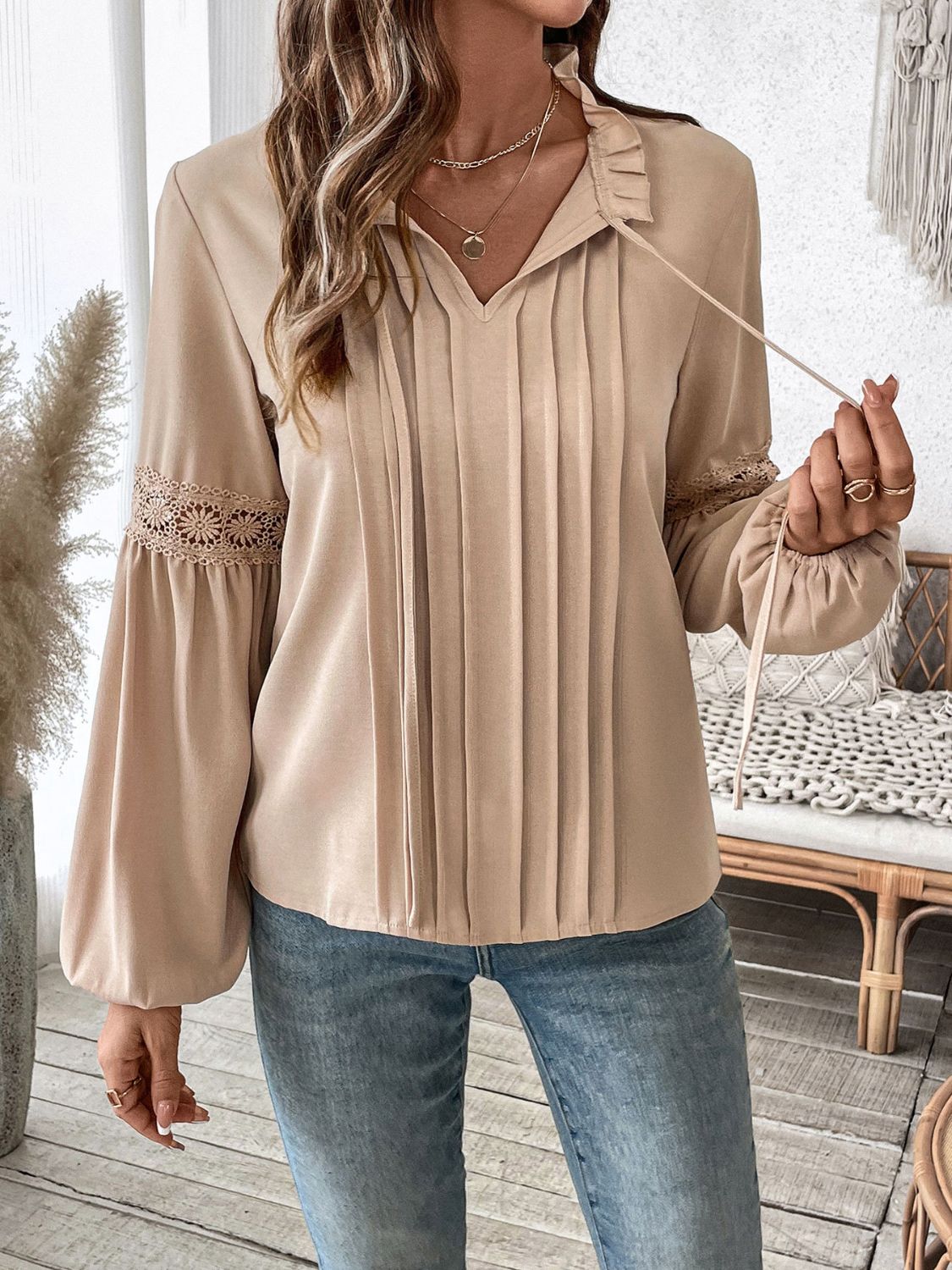 Perfee Frill Tie Neck Long Sleeve Blouse - Carri's Cache
