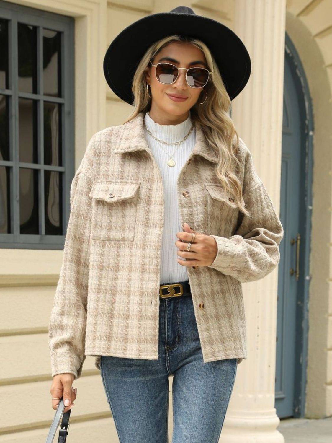 Plaid Collared Neck Long Sleeve Jacket - Carri's Cache