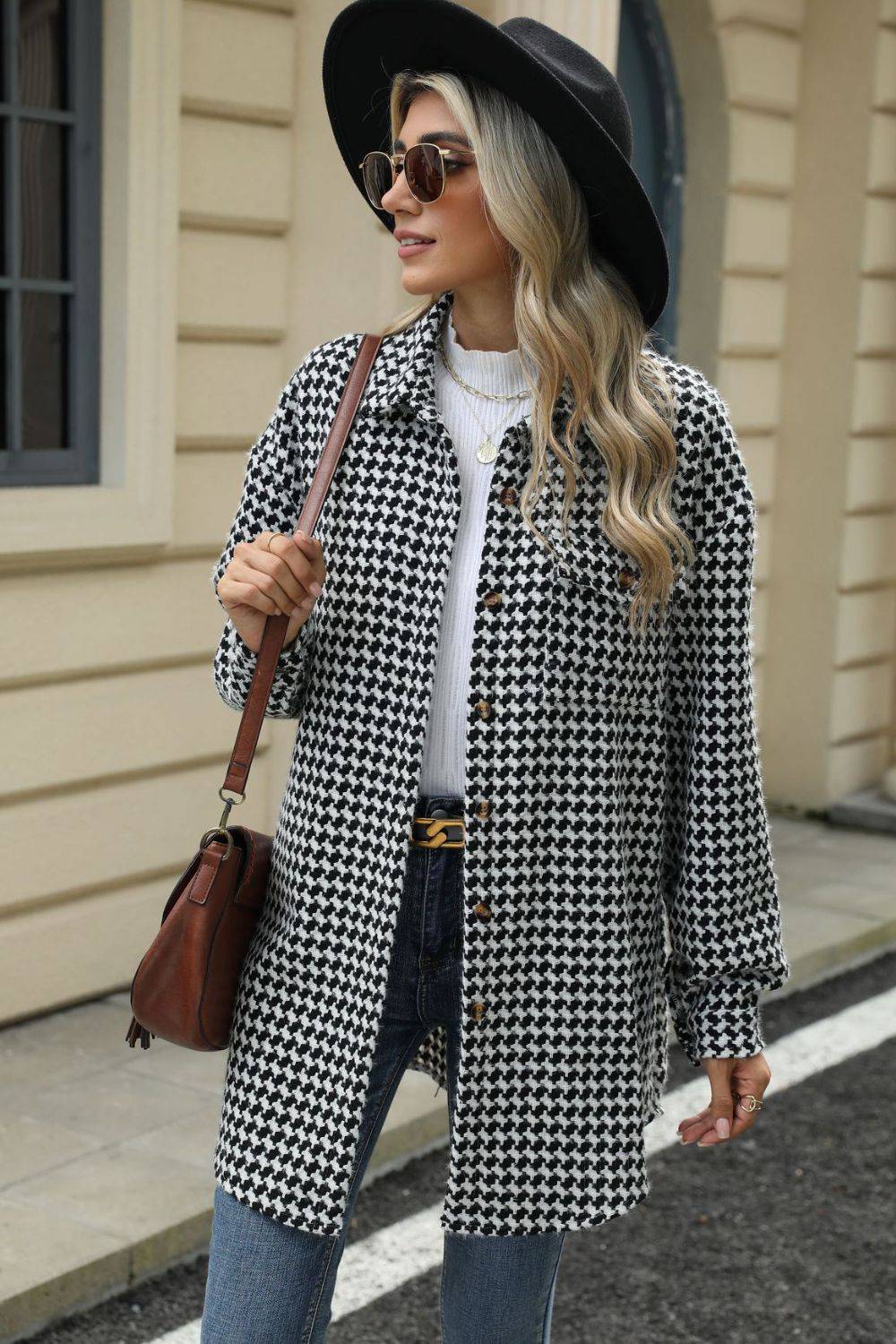 Houndstooth Button Up Dropped Shoulder Coat - Carri's Cache