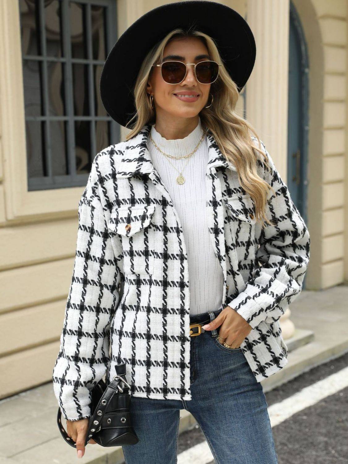 Plaid Collared Neck Long Sleeve Jacket - Carri's Cache