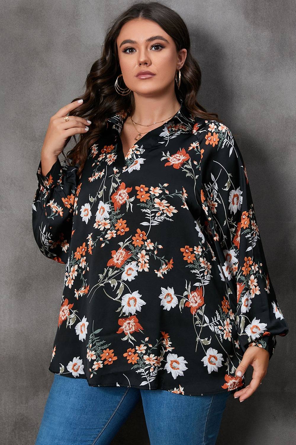 Plus Size Printed Johnny Collar Long Sleeve Blouse - Carri's Cache