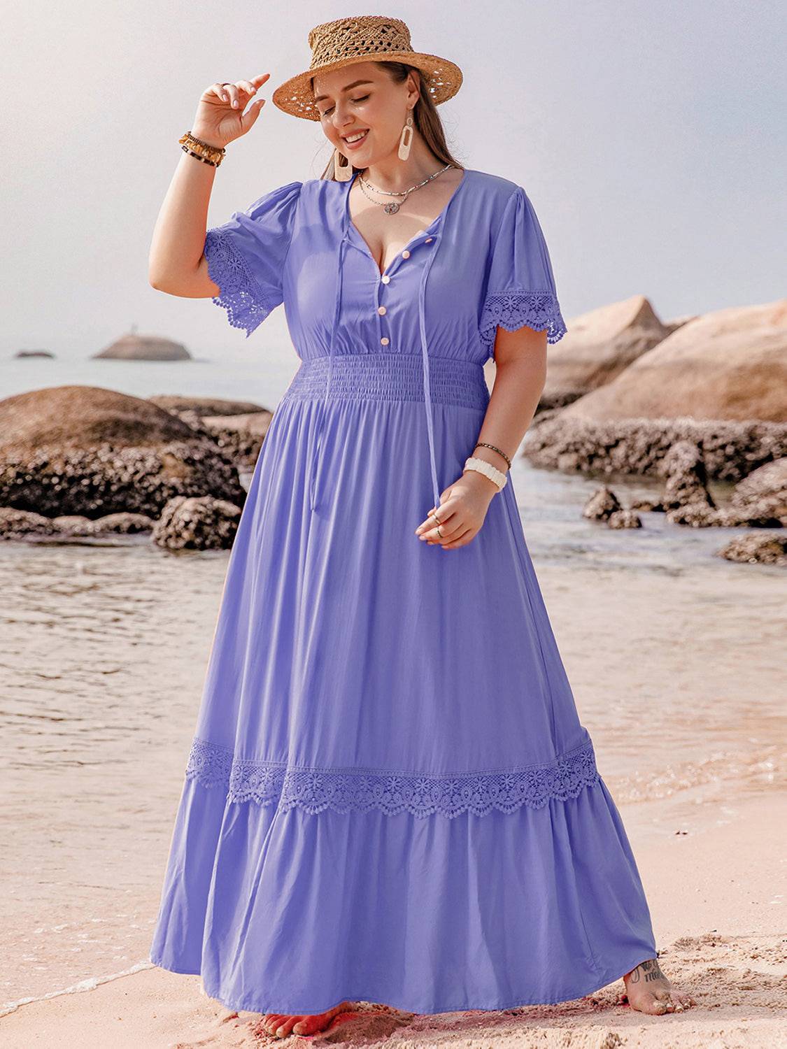 Plus Size Lace Detail Tie Neck Short Sleeve Maxi Dress - Carri's Cache