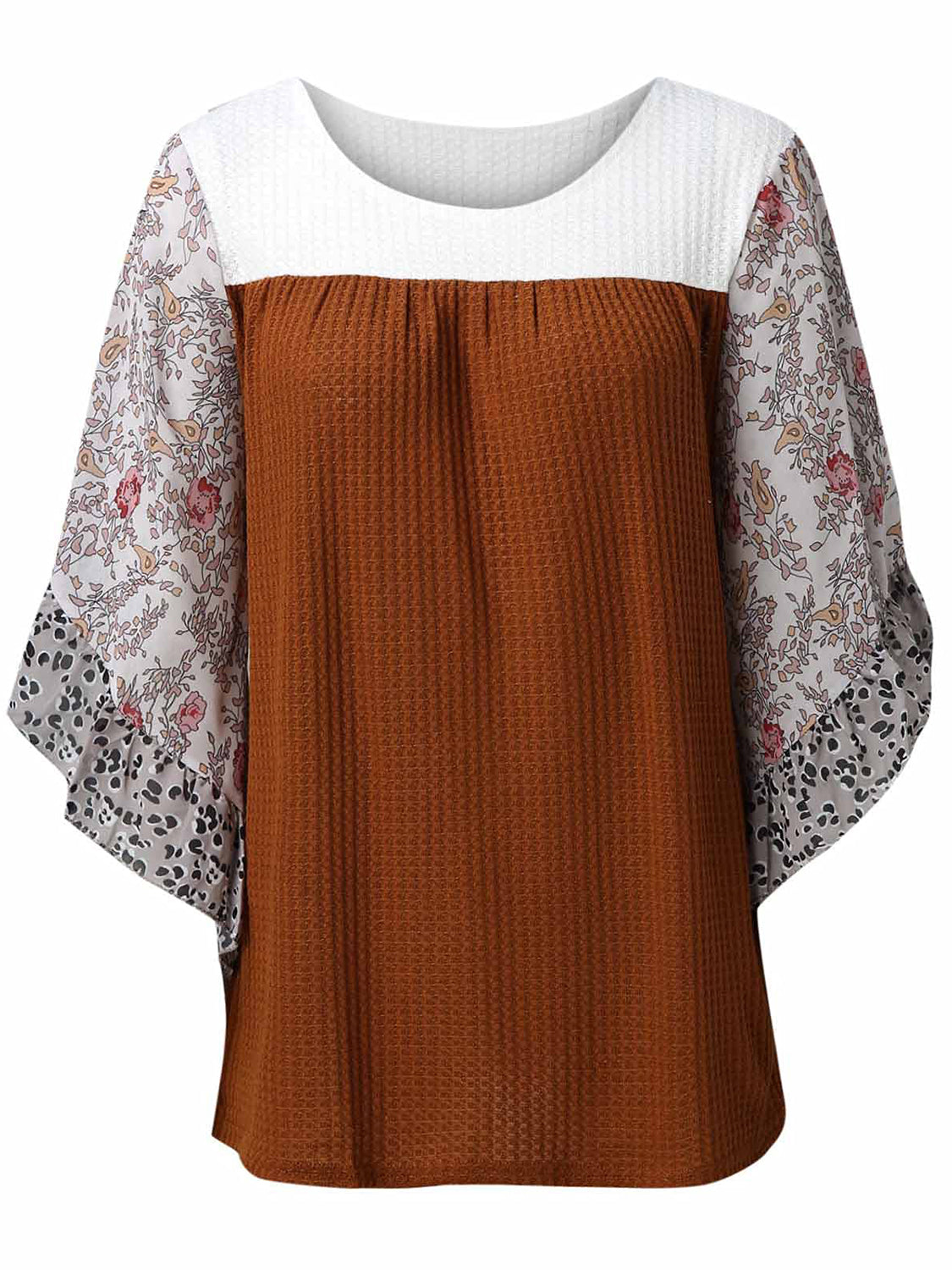 Full Size Printed Round Neck Three-Quarter Sleeve Blouse - Carri's Cache