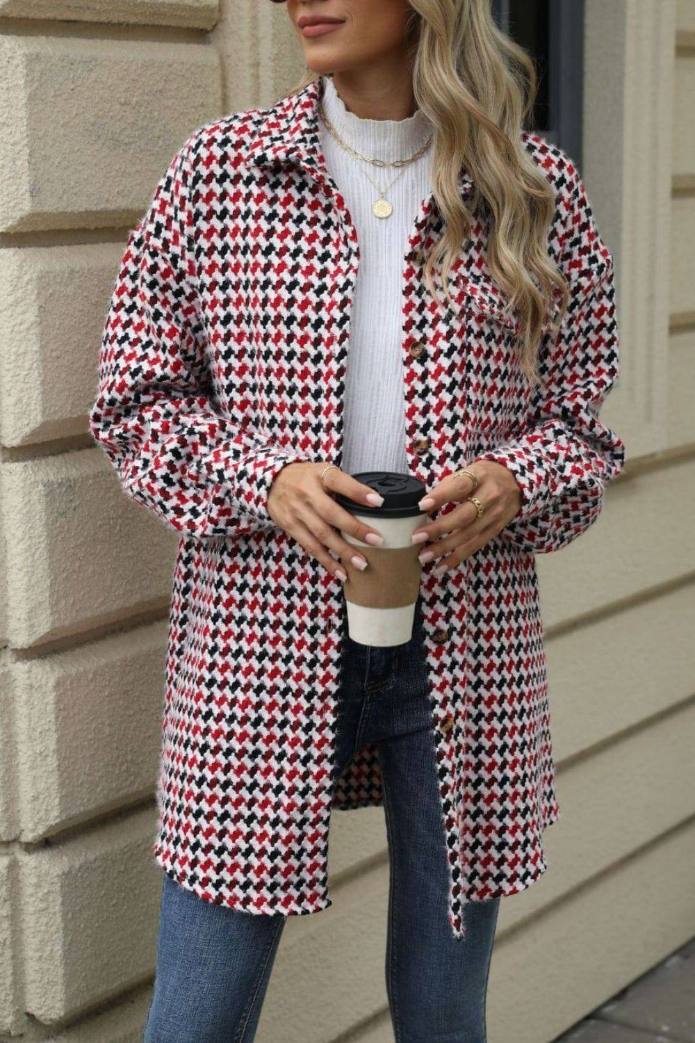 Houndstooth Button Up Dropped Shoulder Coat - Carri's Cache
