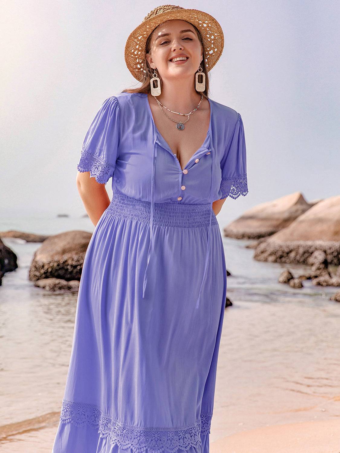 Plus Size Lace Detail Tie Neck Short Sleeve Maxi Dress - Carri's Cache