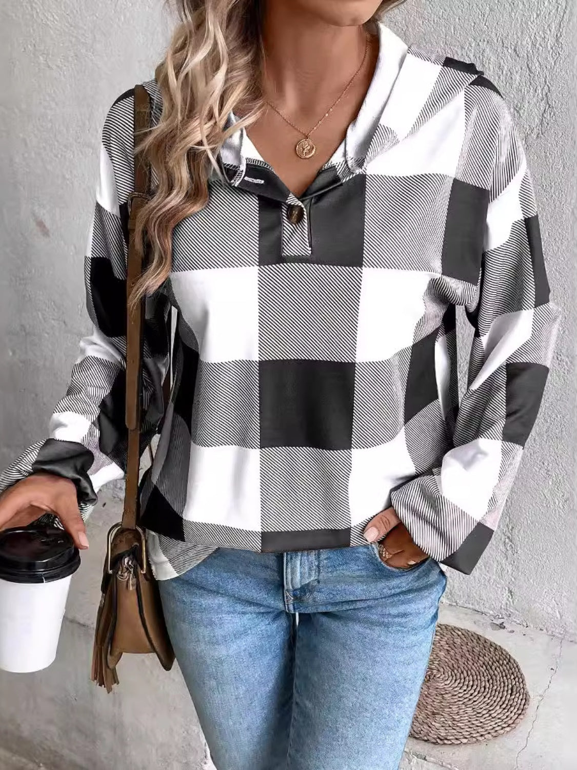 Plaid Dropped Shoulder Long Sleeve Hoodie - Carri's Cache