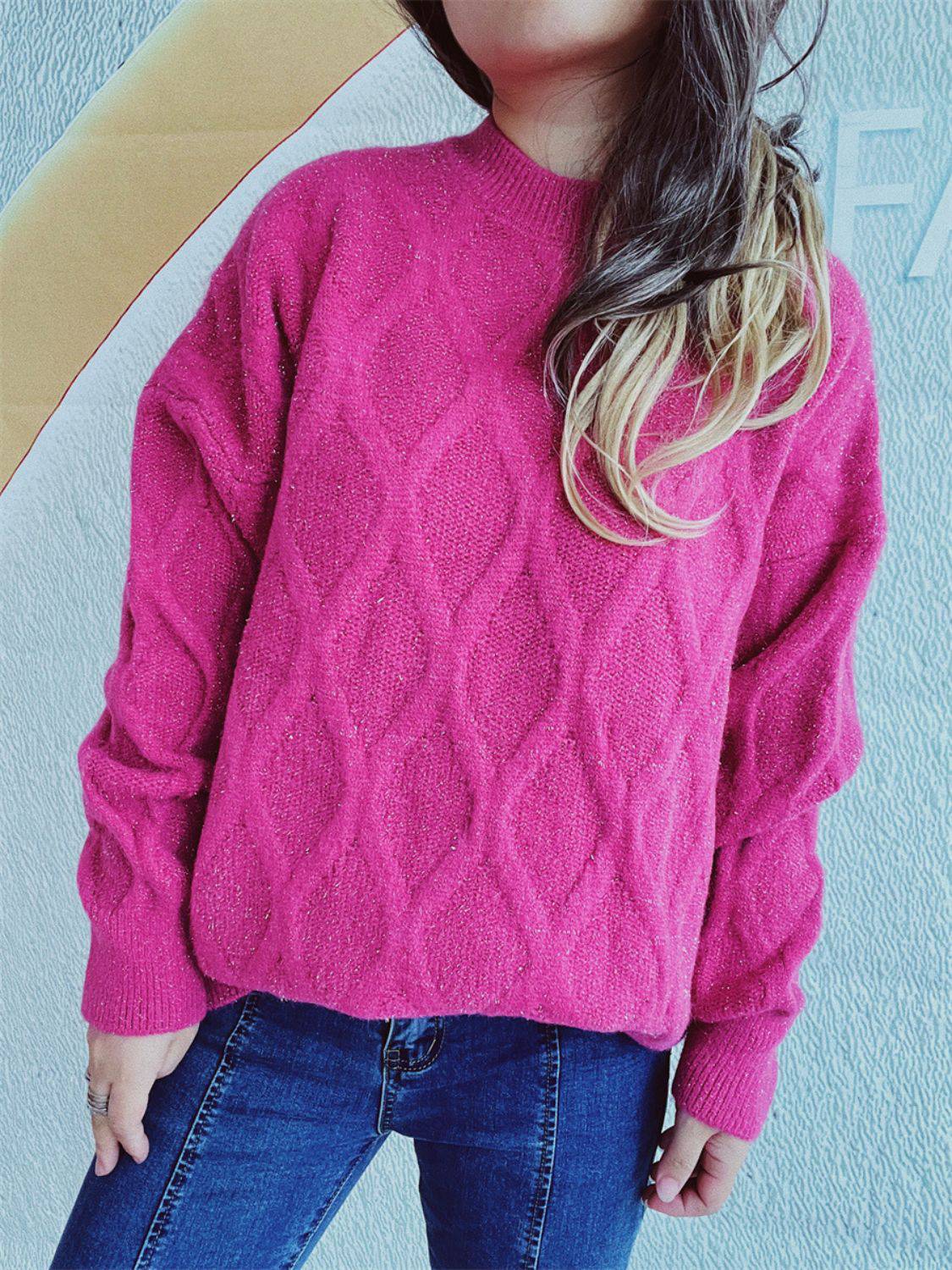 Diamond Round Neck Long Sleeve Sweater - Carri's Cache