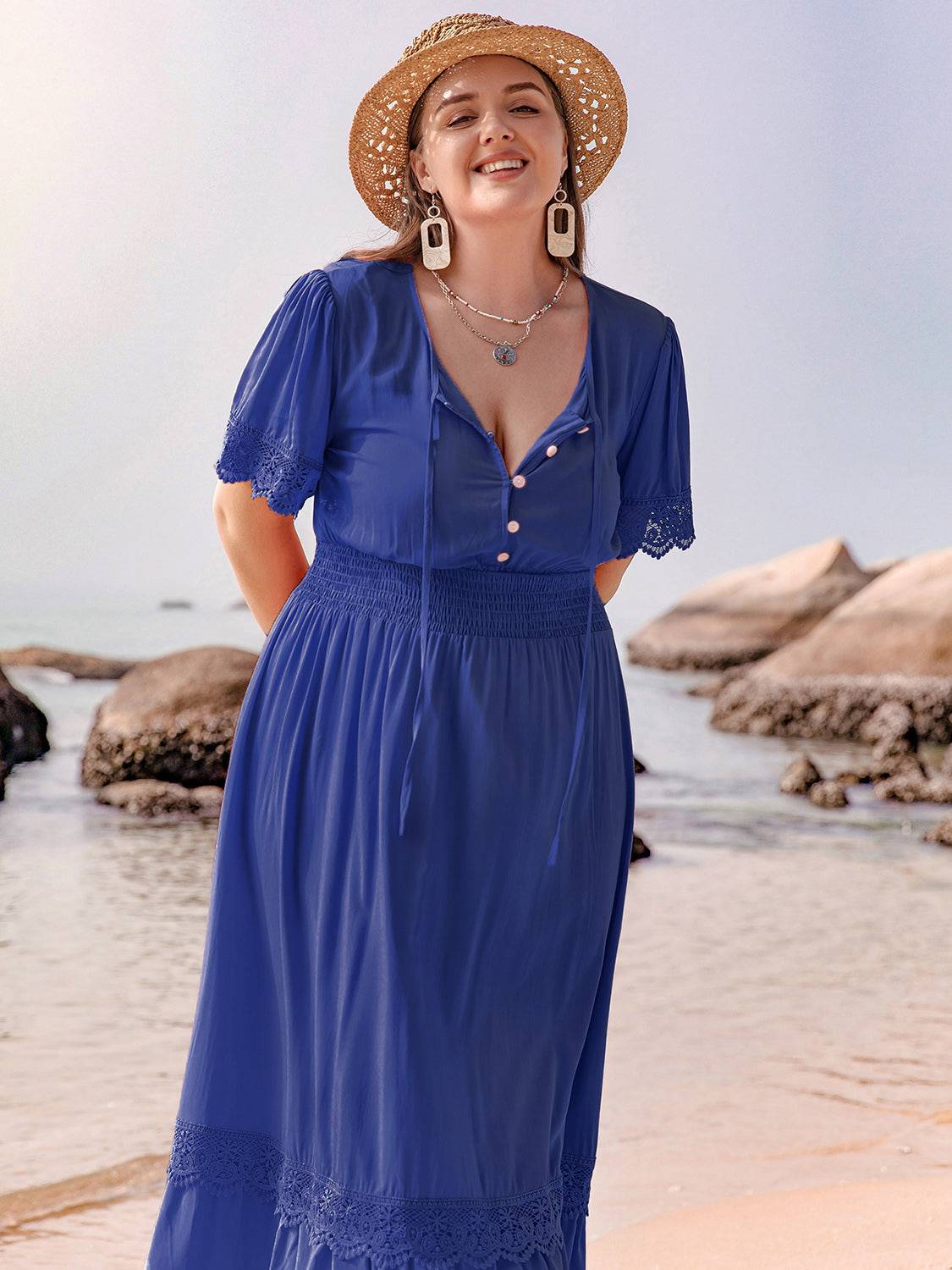 Plus Size Lace Detail Tie Neck Short Sleeve Maxi Dress - Carri's Cache