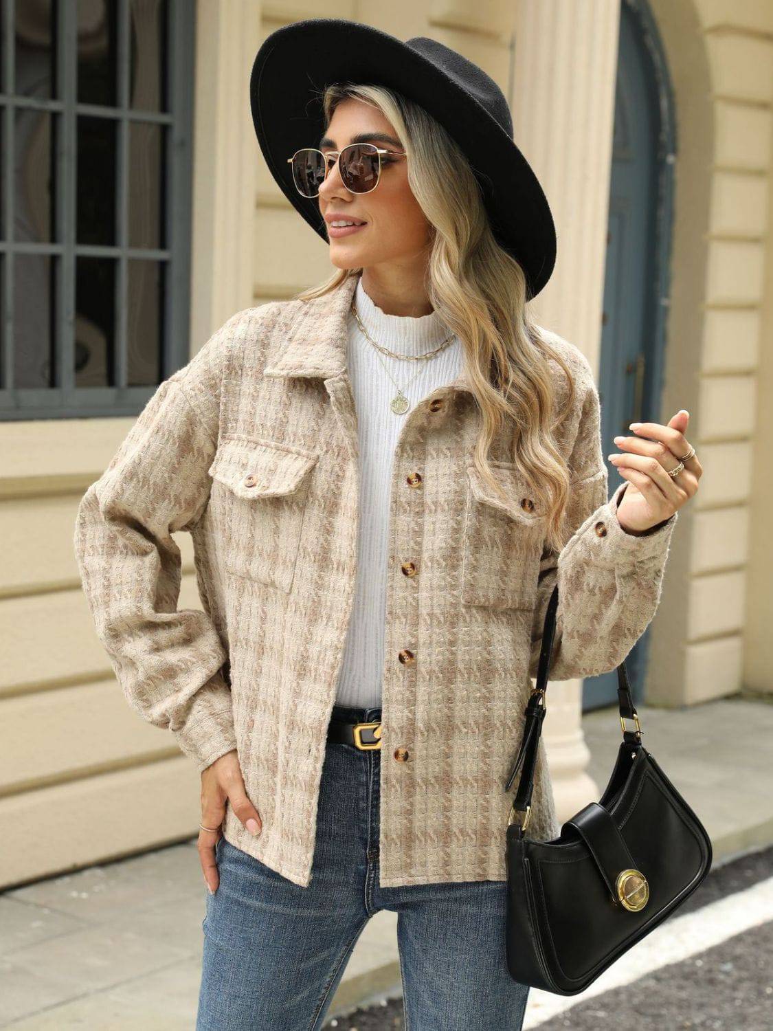 Plaid Collared Neck Long Sleeve Jacket - Carri's Cache