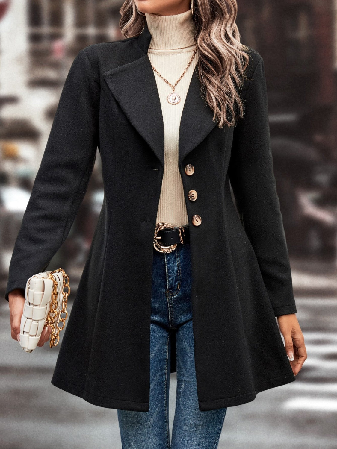 Collared Neck Long Sleeve Longline Coat - Carri's Cache