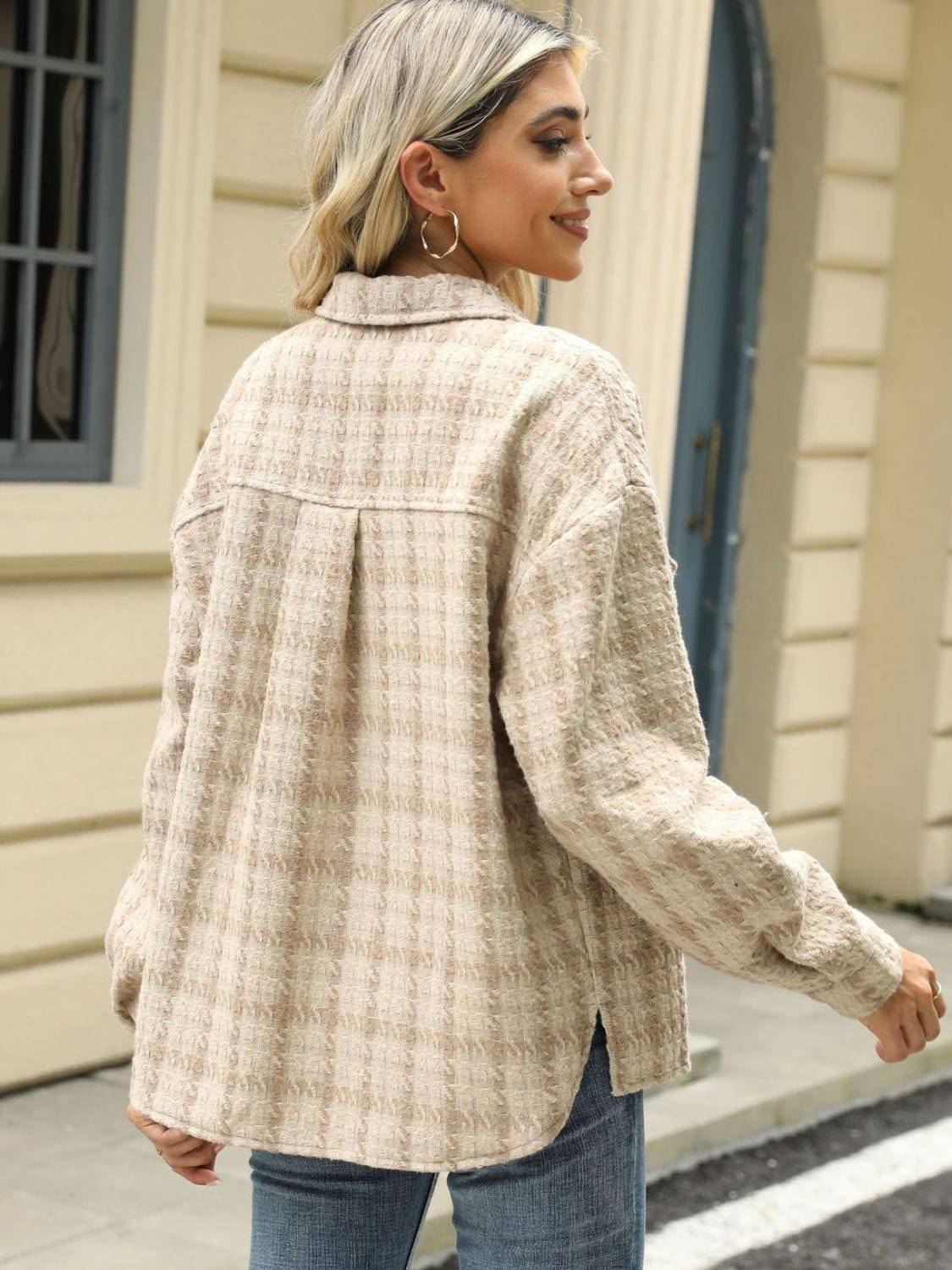 Plaid Collared Neck Long Sleeve Jacket - Carri's Cache
