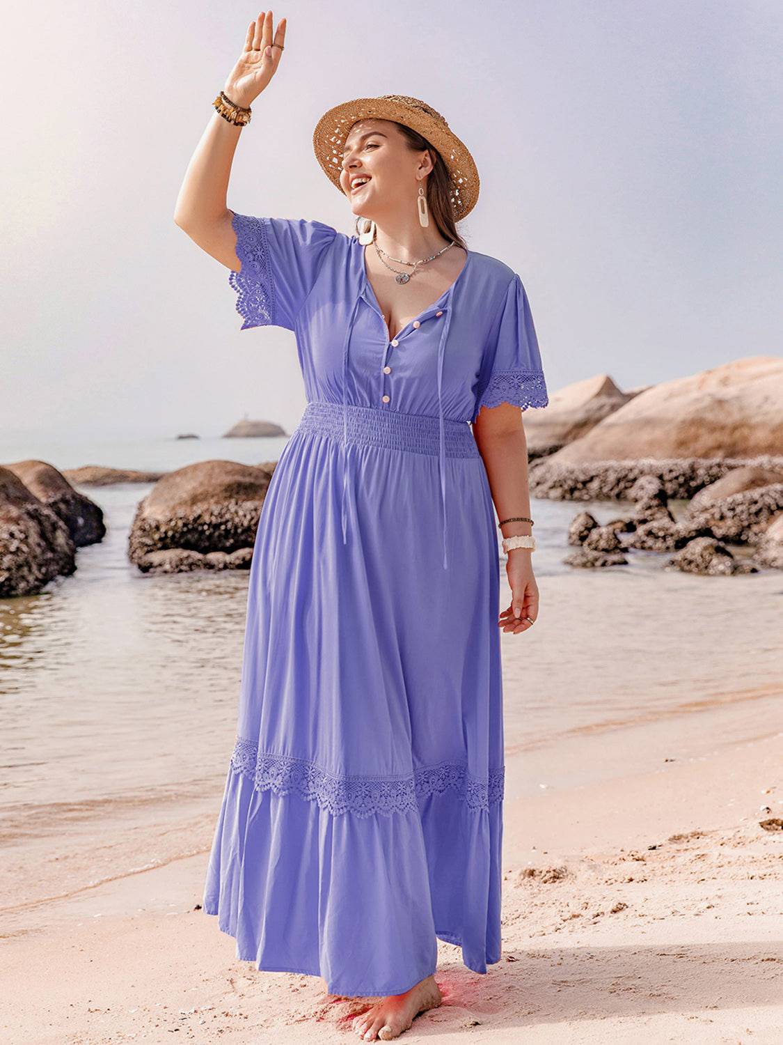 Plus Size Lace Detail Tie Neck Short Sleeve Maxi Dress - Carri's Cache